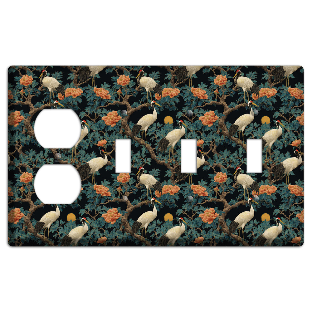 Teal Moonrise Cranes Duplex / 3 Toggle Wallplate