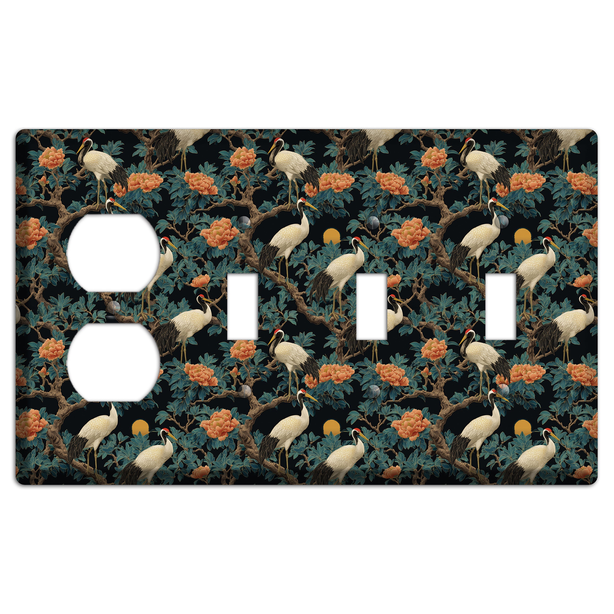 Teal Moonrise Cranes Duplex / 3 Toggle Wallplate