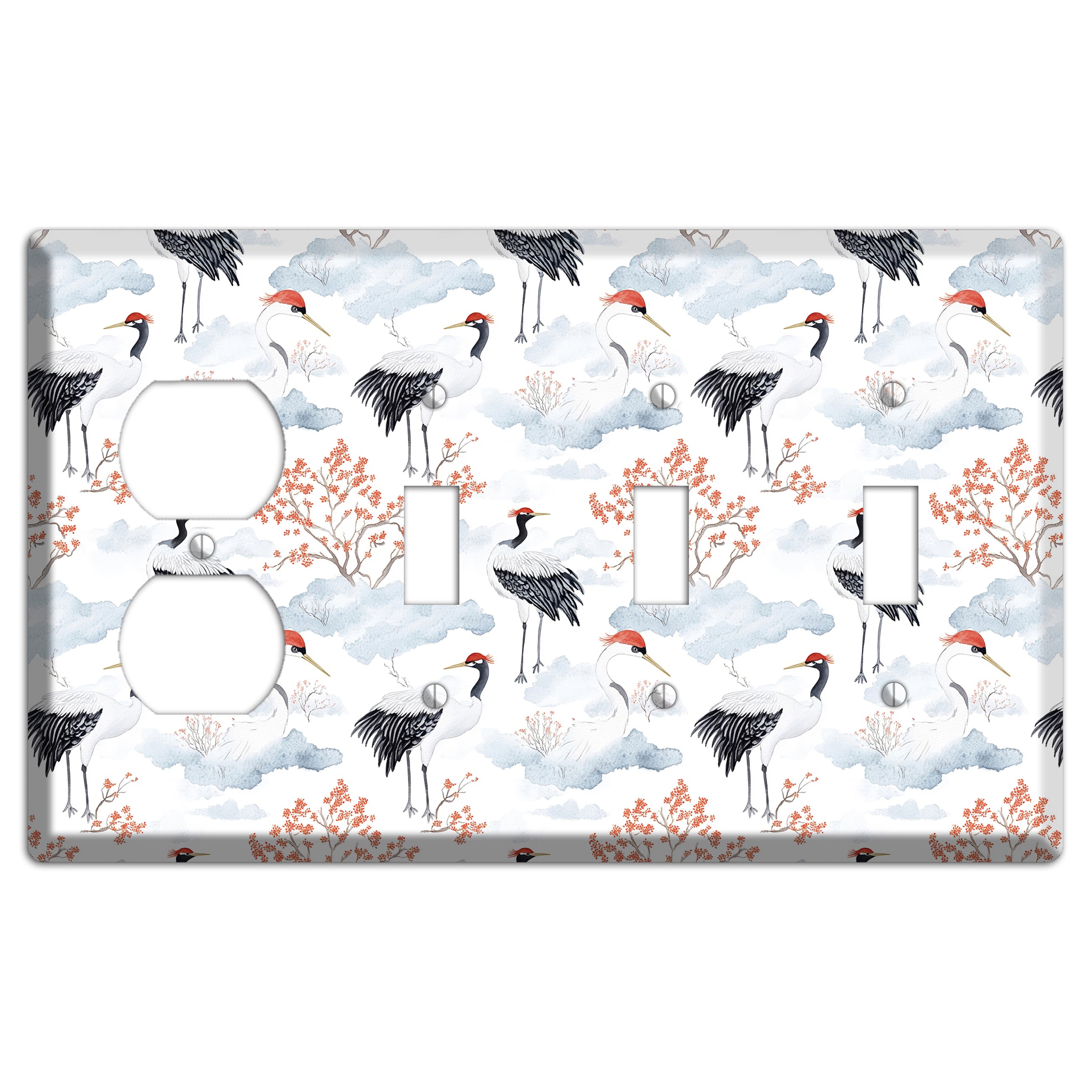Crimson Crown Cranes Duplex / 3 Toggle Wallplate