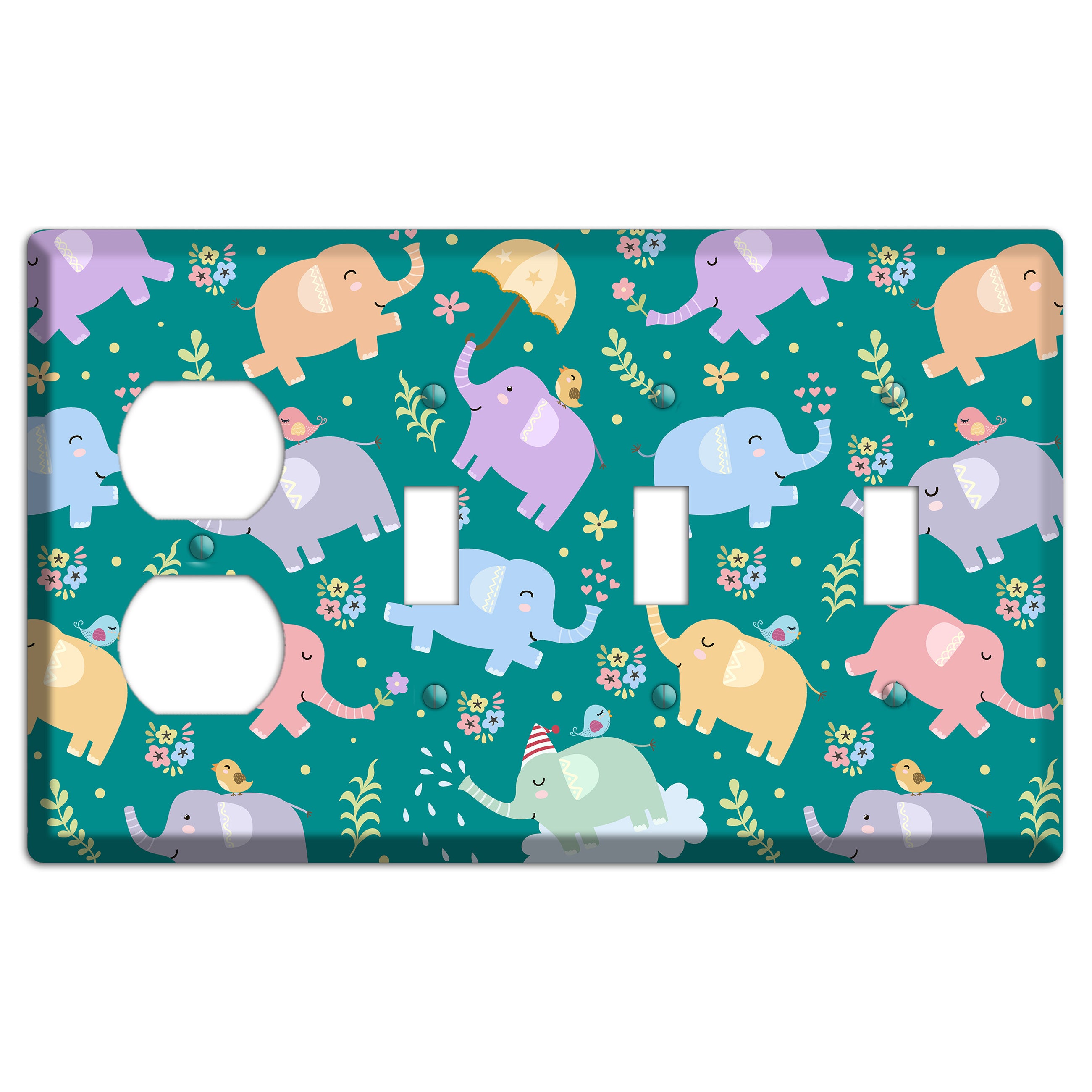 Elephant Parade (Teal) Duplex / 3 Toggle Wallplate