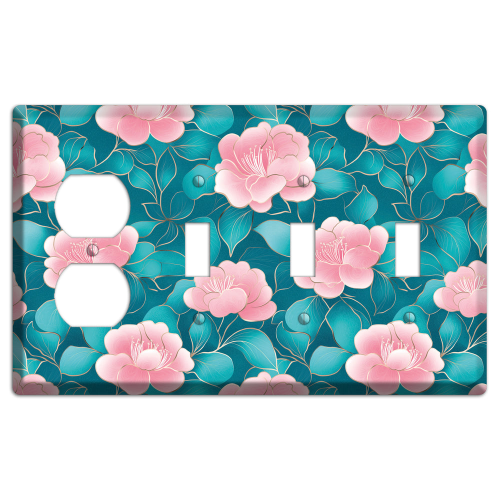 Teal Camellia Bloom Duplex / 3 Toggle Wallplate