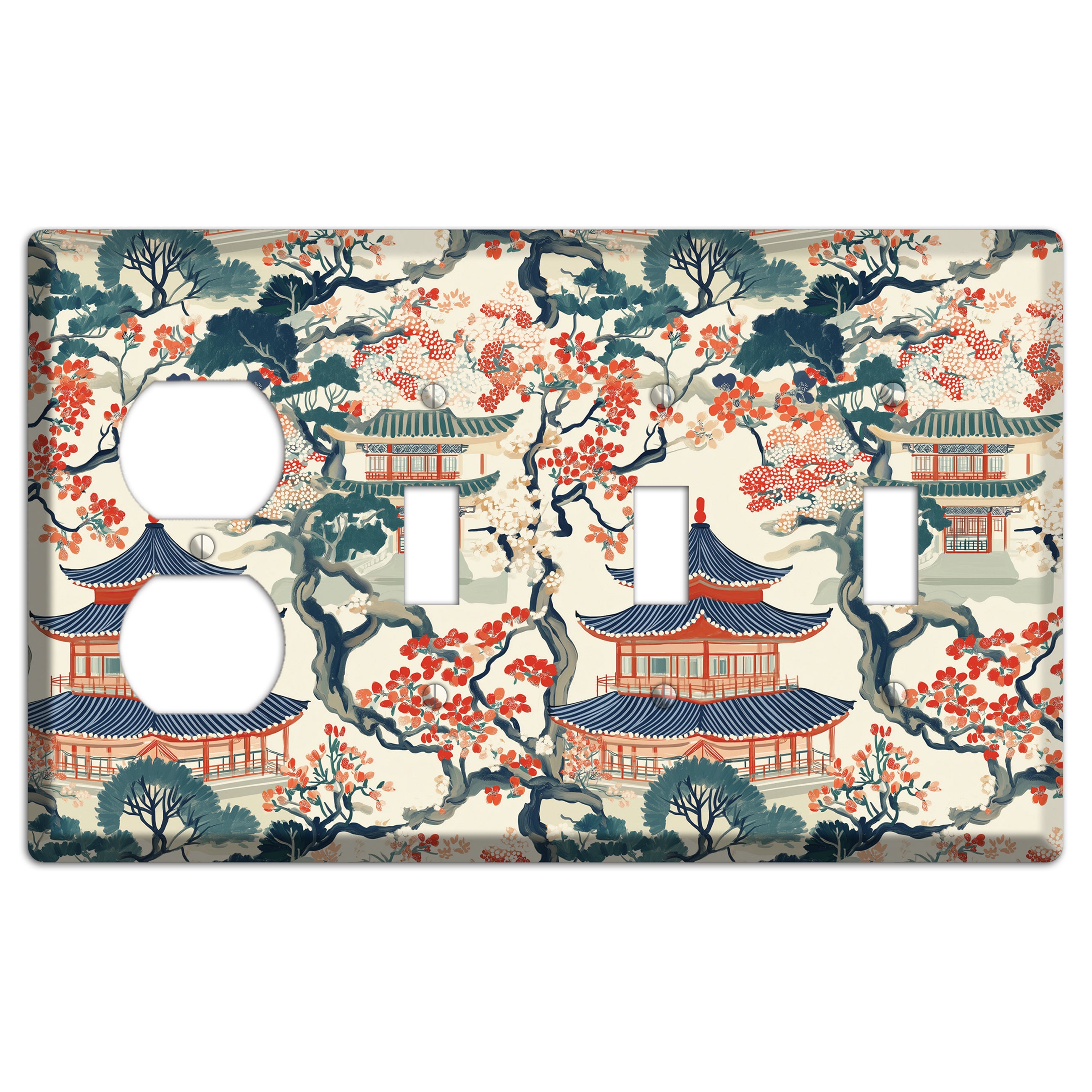 Blossom & Pagoda Duplex / 3 Toggle Wallplate