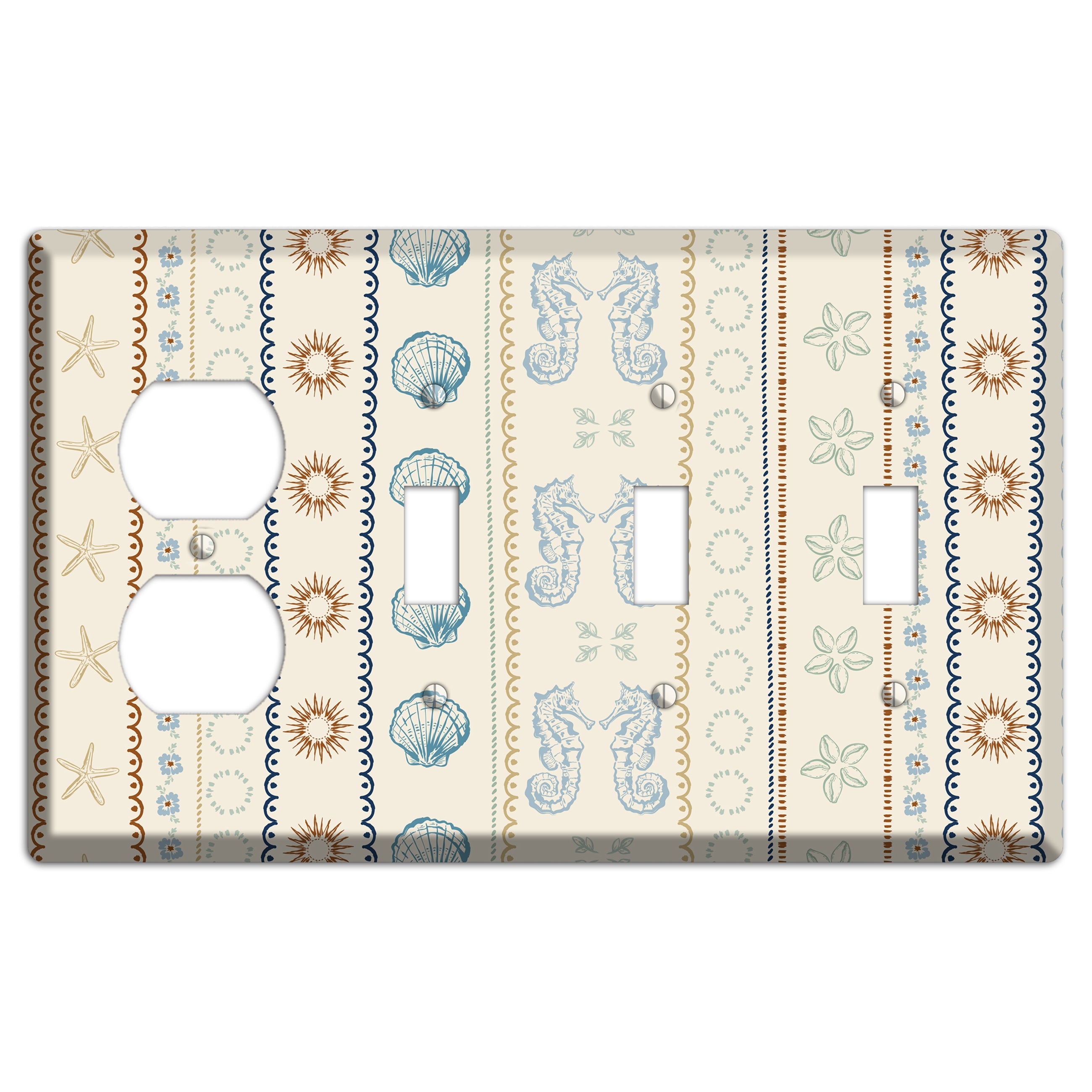 Ivory Seahorse Stripe Duplex / 3 Toggle Wallplate