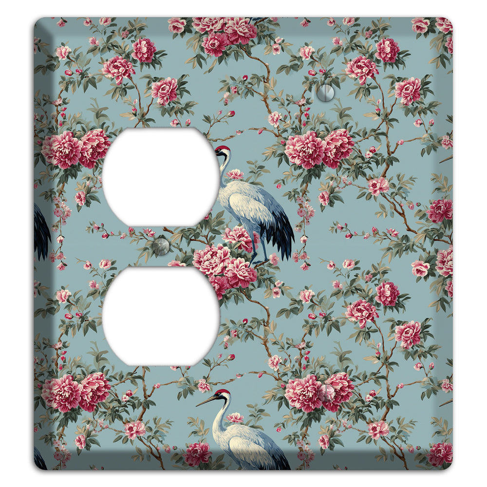Dusty Teal Peony Crane Duplex / Blank Wallplate