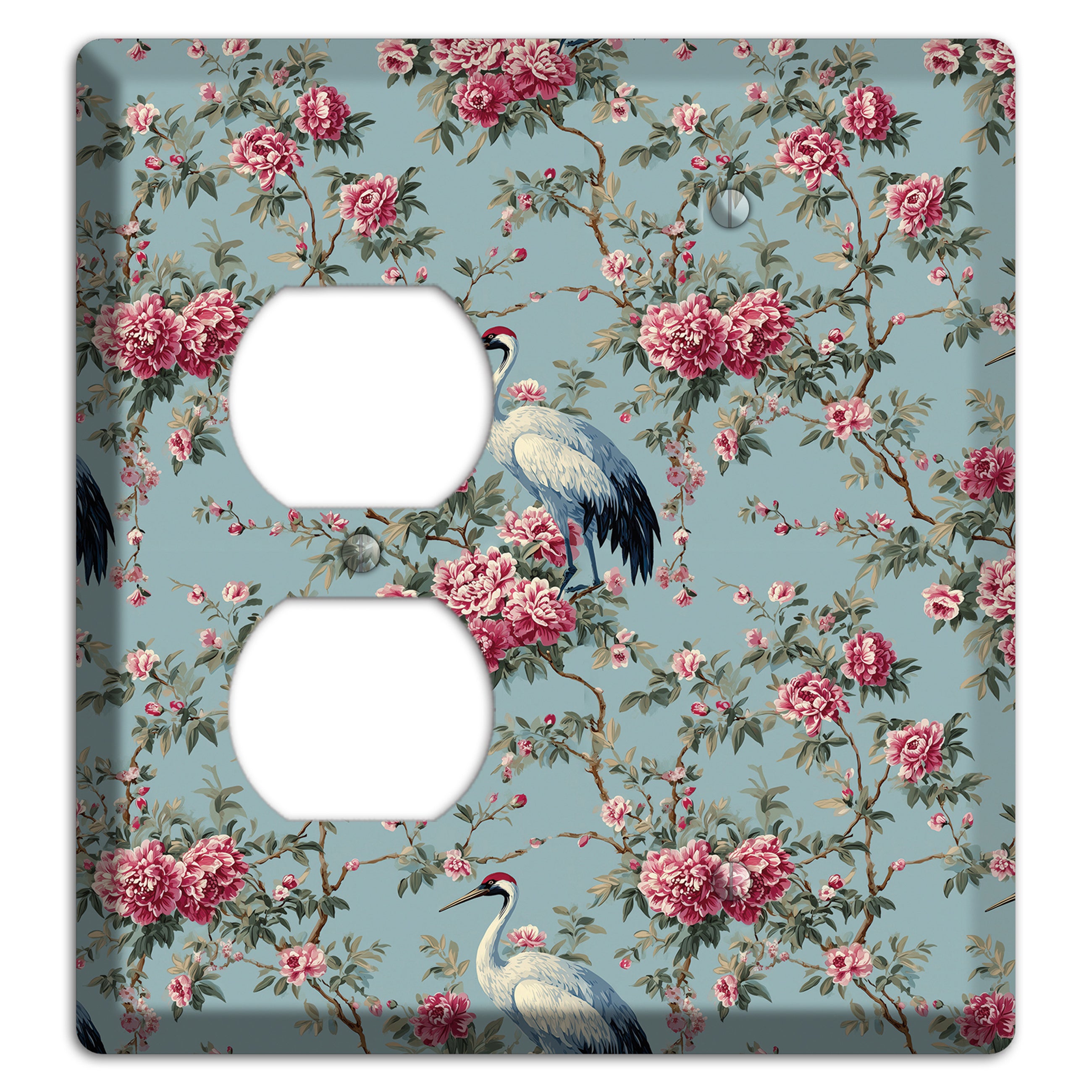 Dusty Teal Peony Crane Duplex / Blank Wallplate