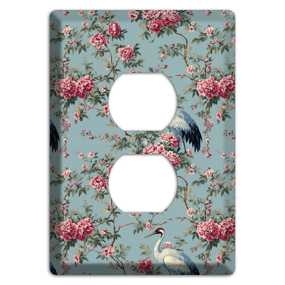 Dusty Teal Peony Crane Duplex Outlet Wallplate