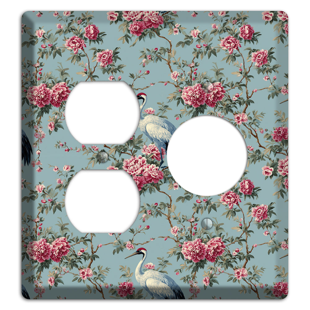 Dusty Teal Peony Crane Duplex / Receptacle Wallplate