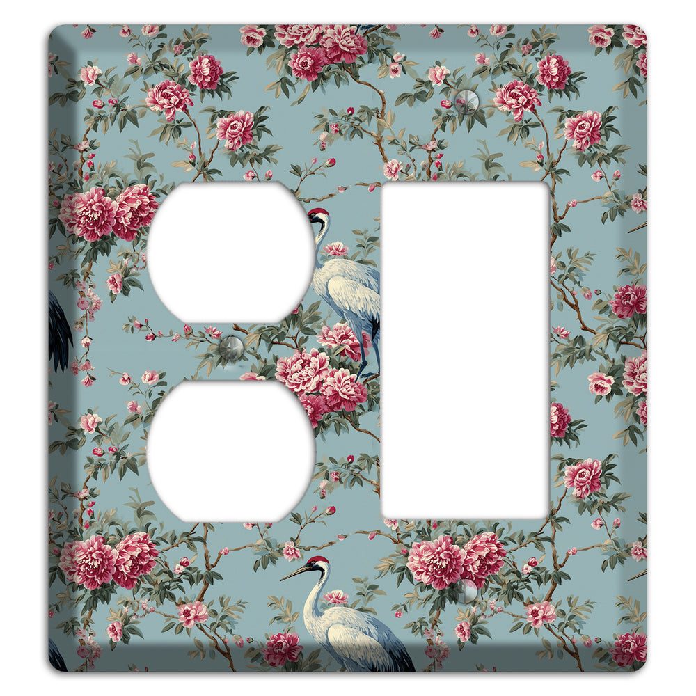 Dusty Teal Peony Crane Duplex / Rocker Wallplate