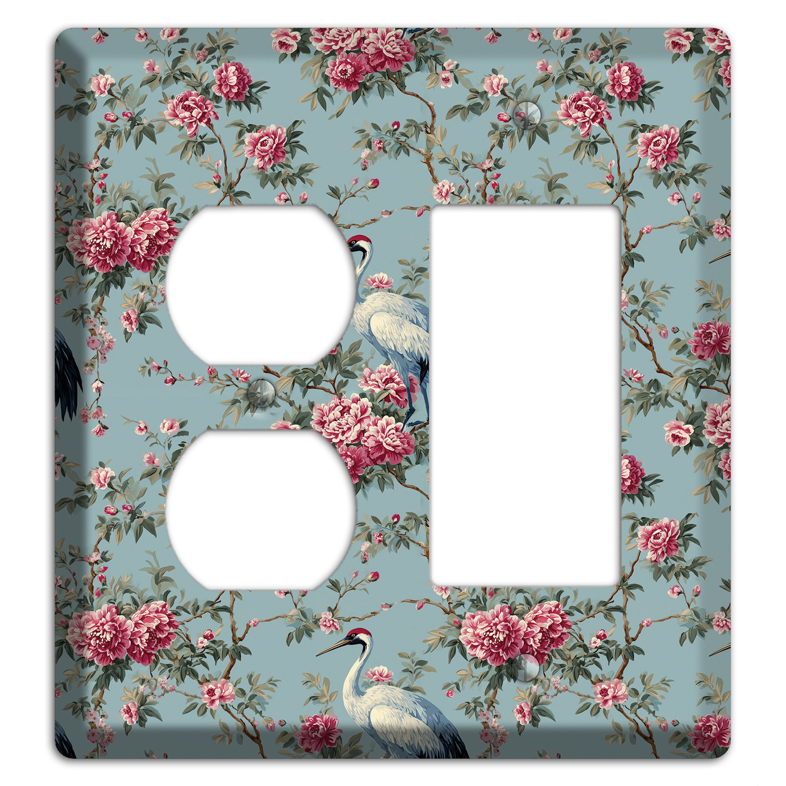 Dusty Teal Peony Crane Duplex / Rocker Wallplate
