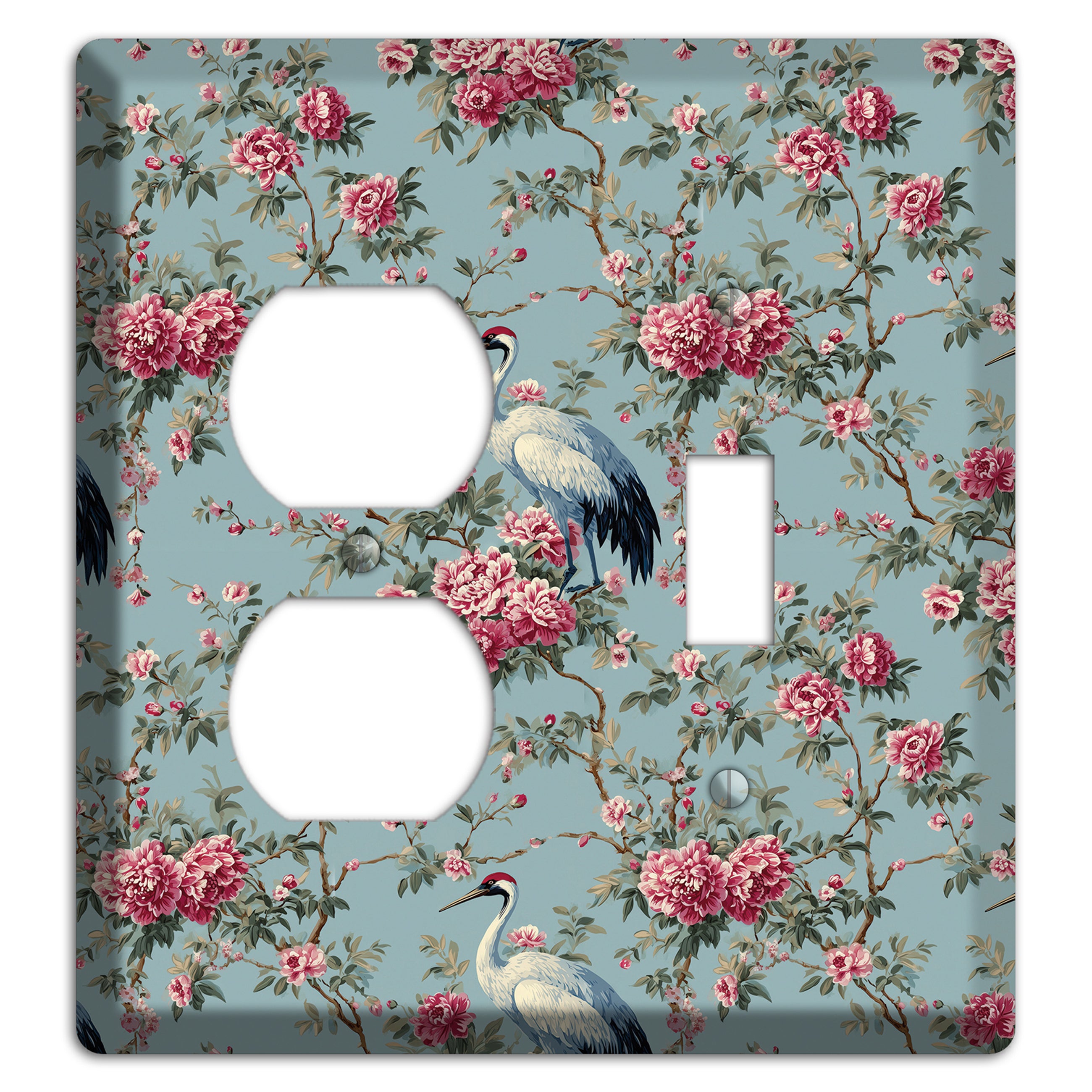 Dusty Teal Peony Crane Duplex / Toggle Wallplate