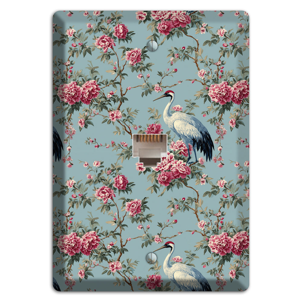 Dusty Teal Peony Crane Phone Wallplate