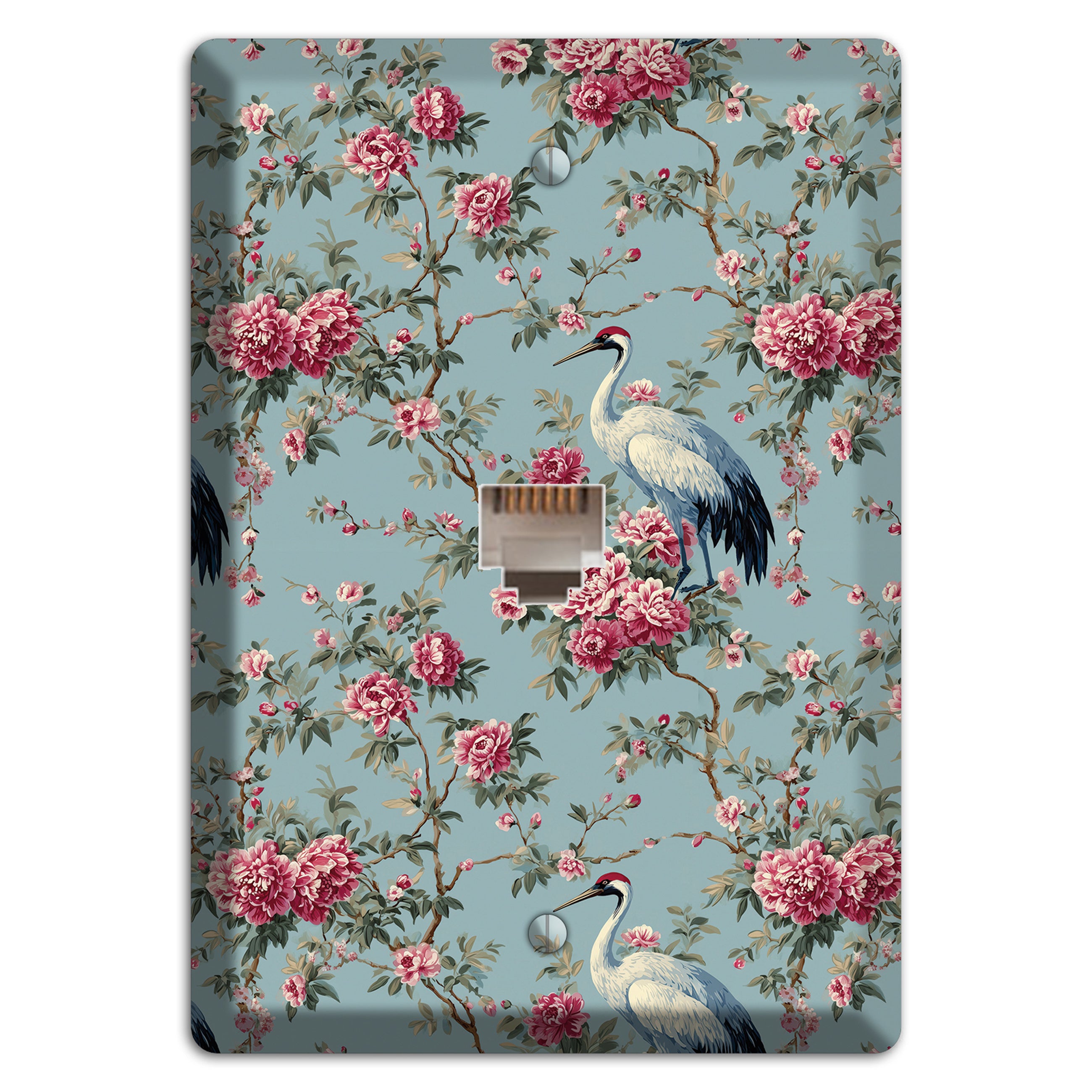 Dusty Teal Peony Crane Phone Wallplate