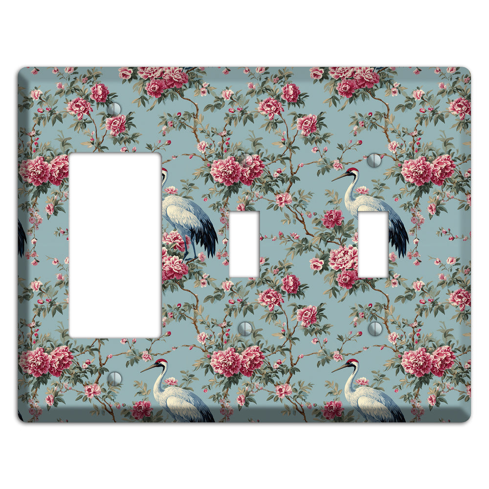 Dusty Teal Peony Crane Rocker / 2 Toggle Wallplate