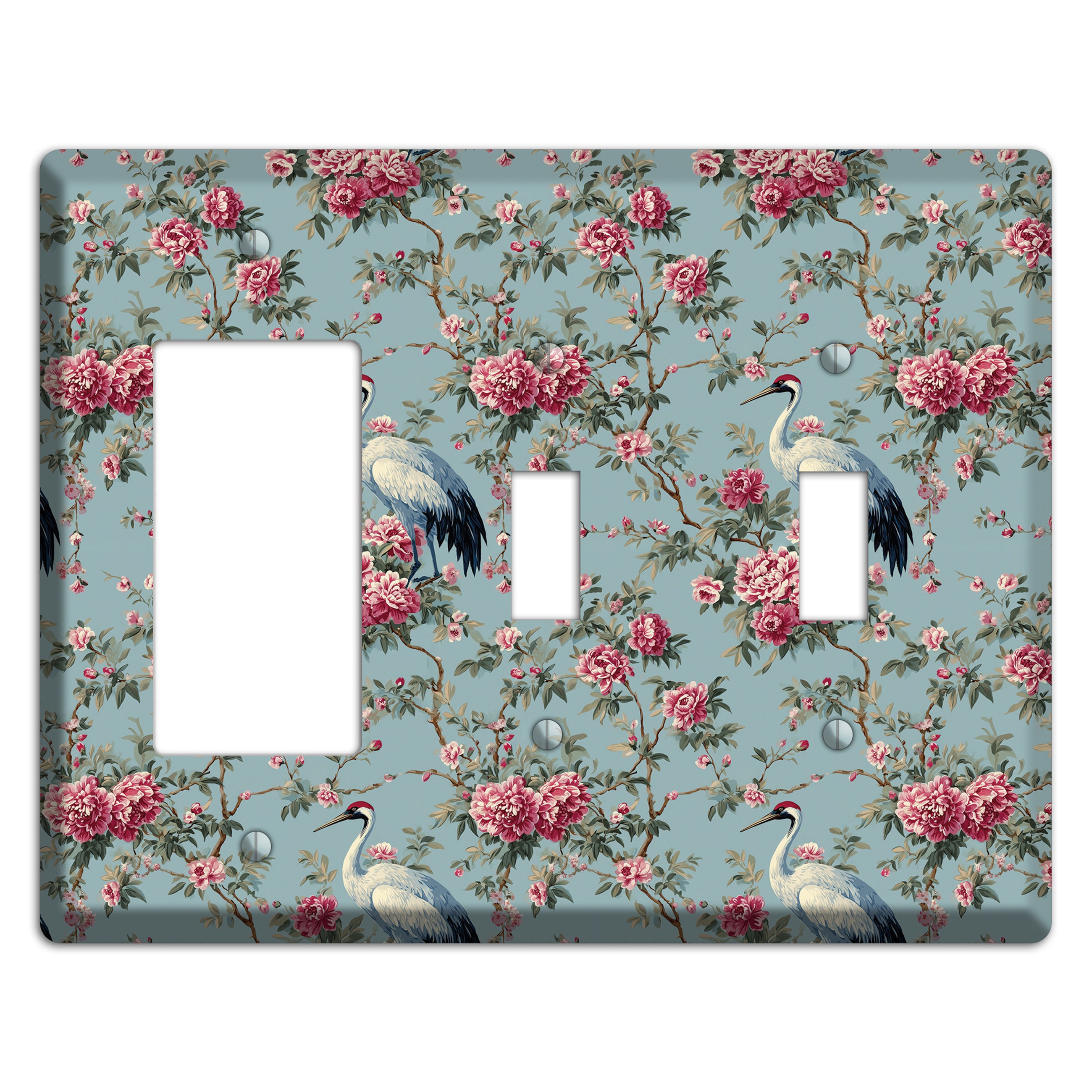 Dusty Teal Peony Crane Rocker / 2 Toggle Wallplate
