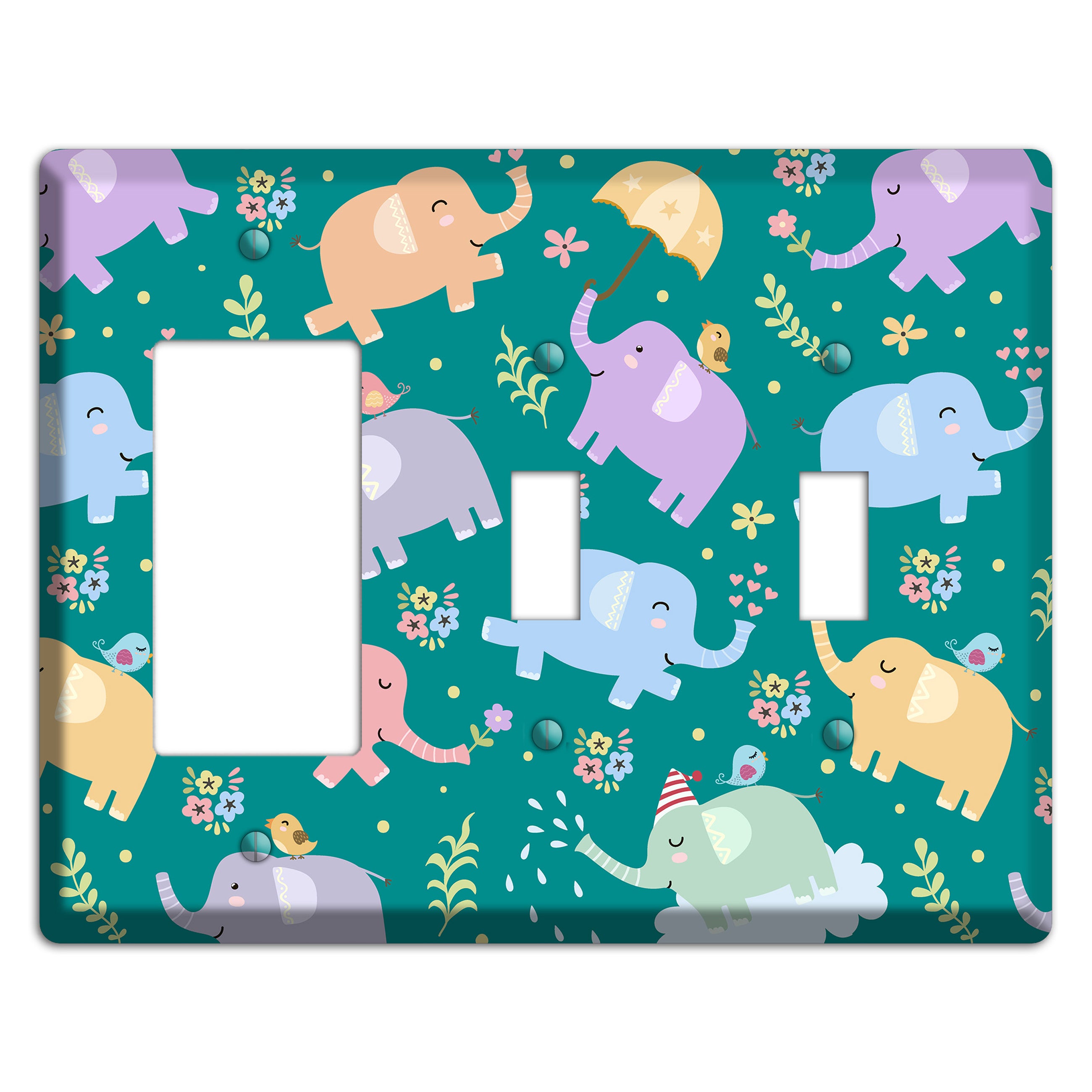 Elephant Parade (Teal) Rocker / 2 Toggle Wallplate