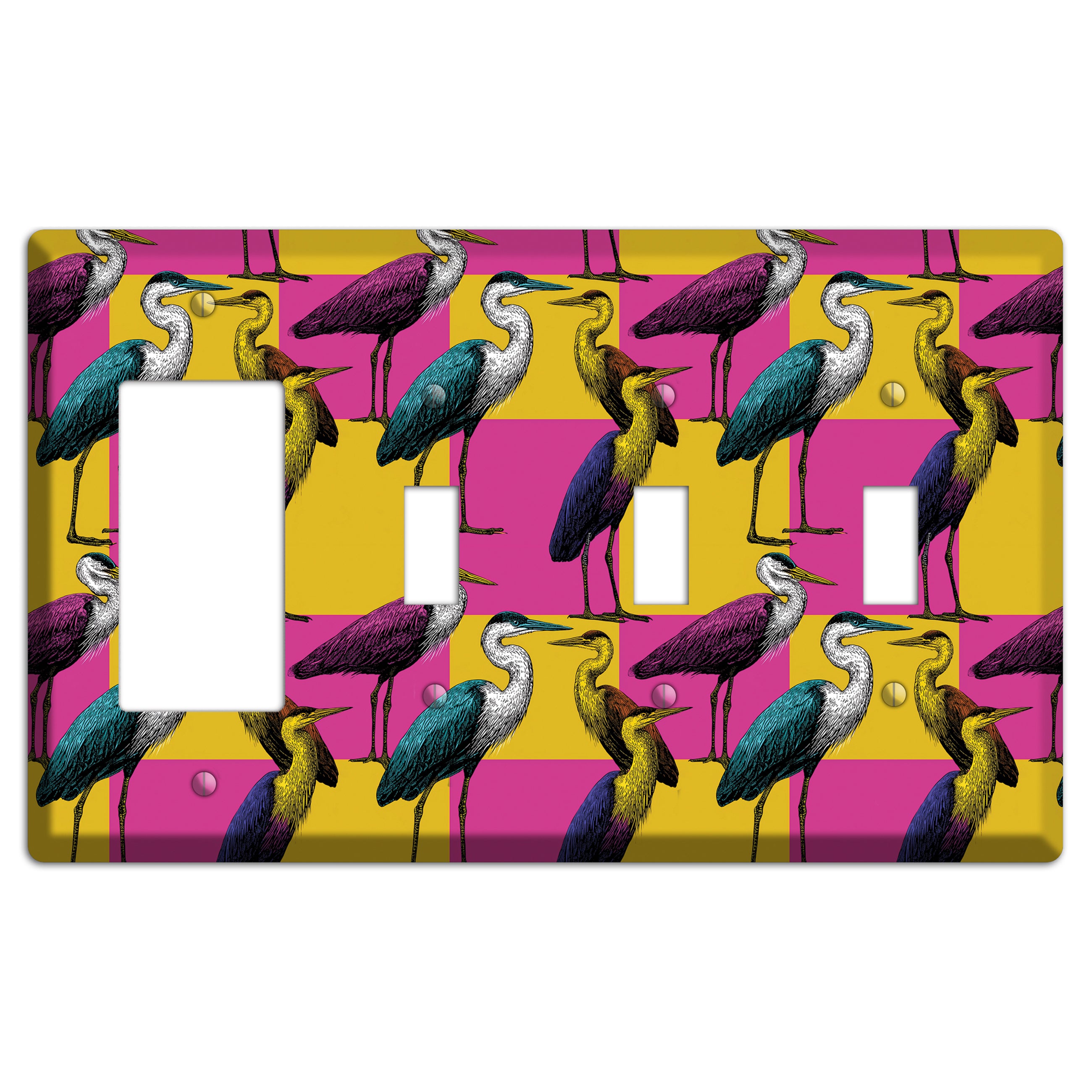 Magenta Heron Grid Rocker / 3 Toggle Wallplate