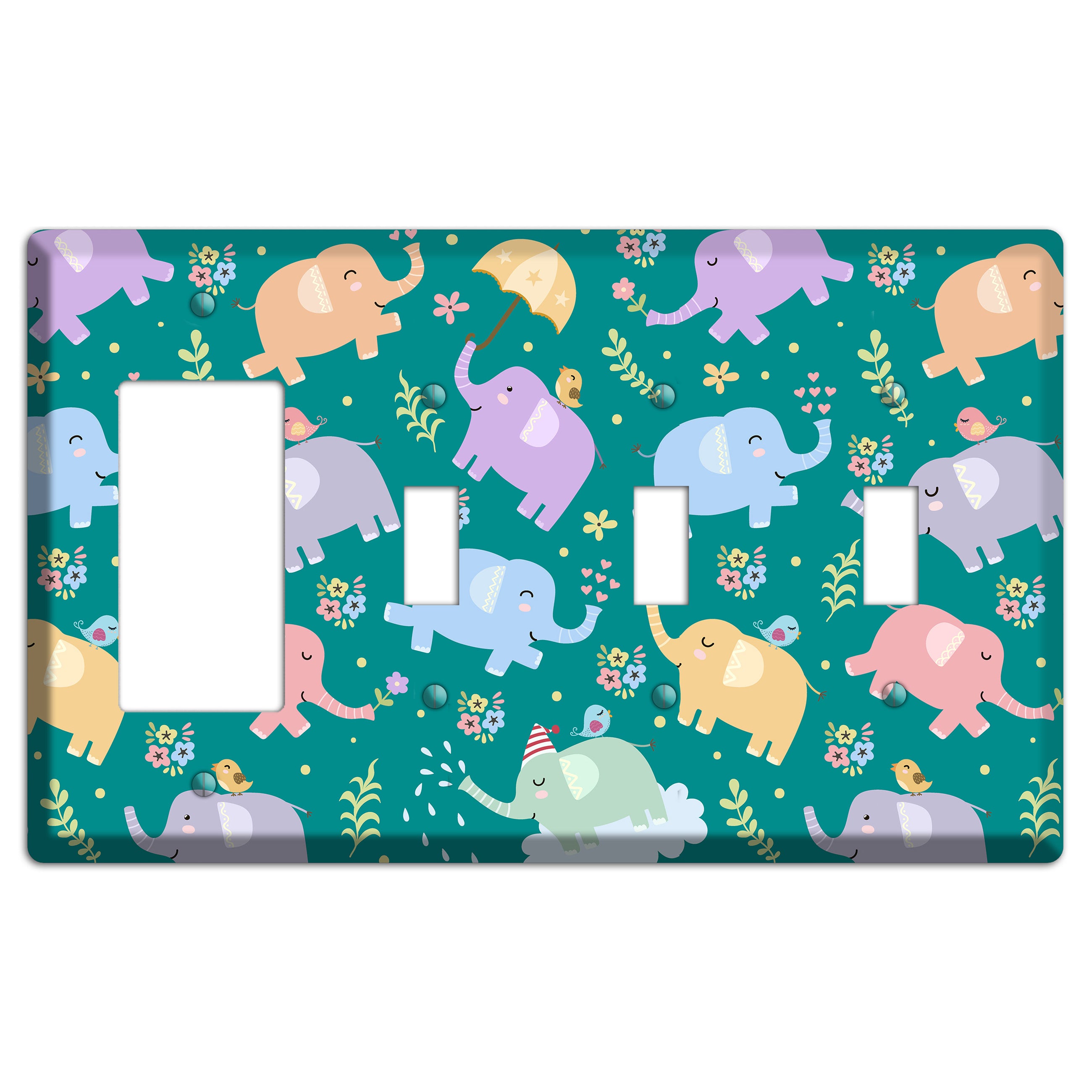 Elephant Parade (Teal) Rocker / 3 Toggle Wallplate