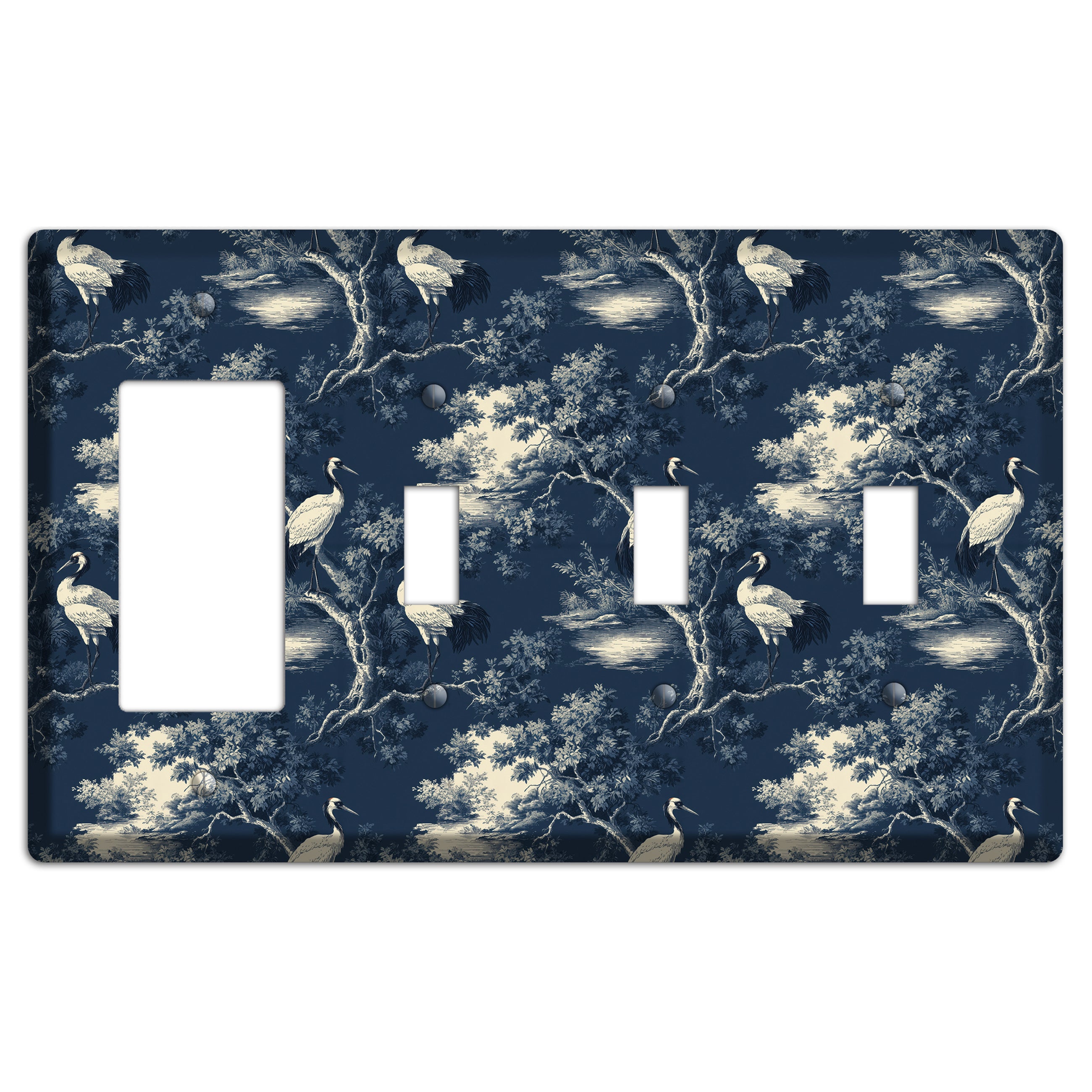 Midnight Crane Toile Rocker / 3 Toggle Wallplate