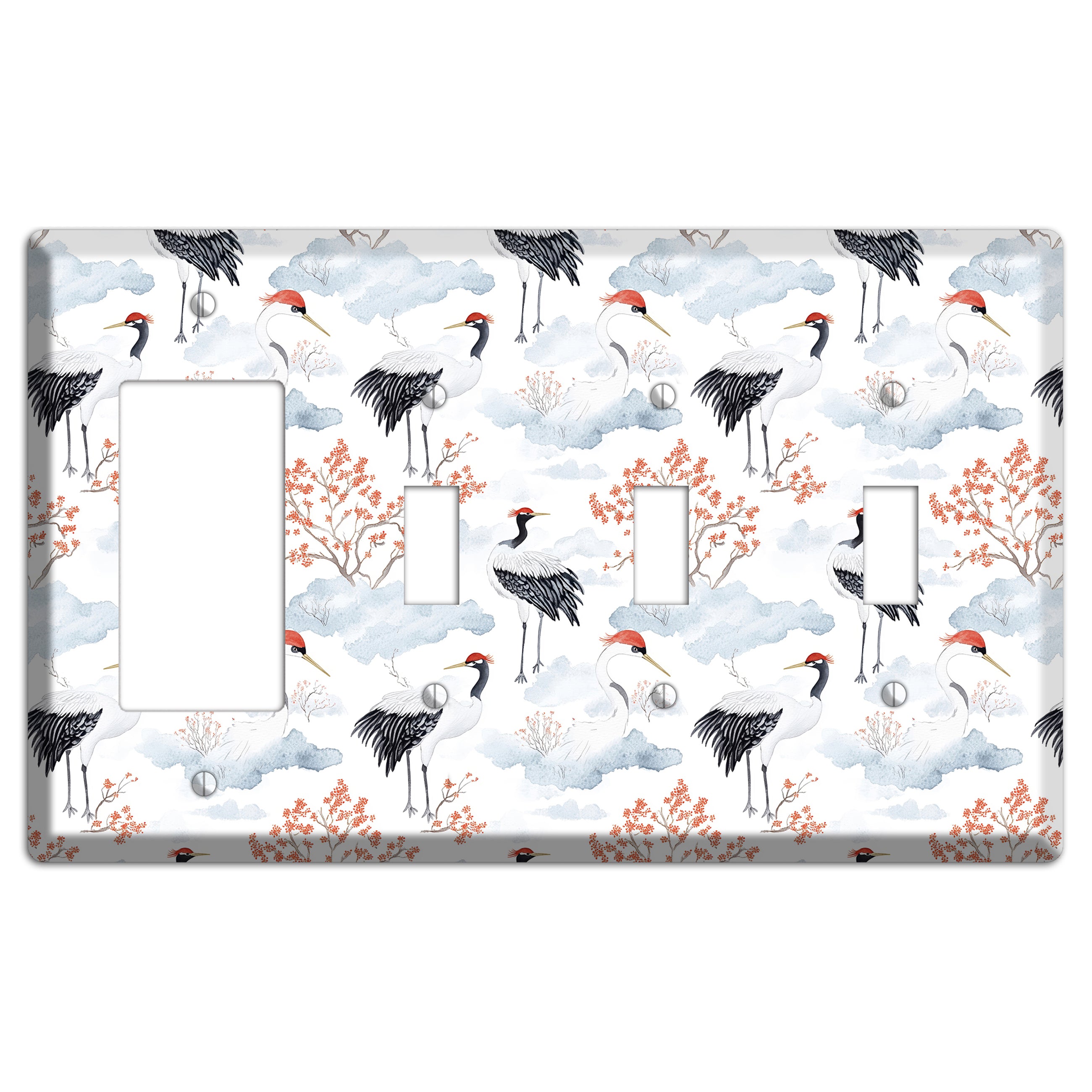 Crimson Crown Cranes Rocker / 3 Toggle Wallplate