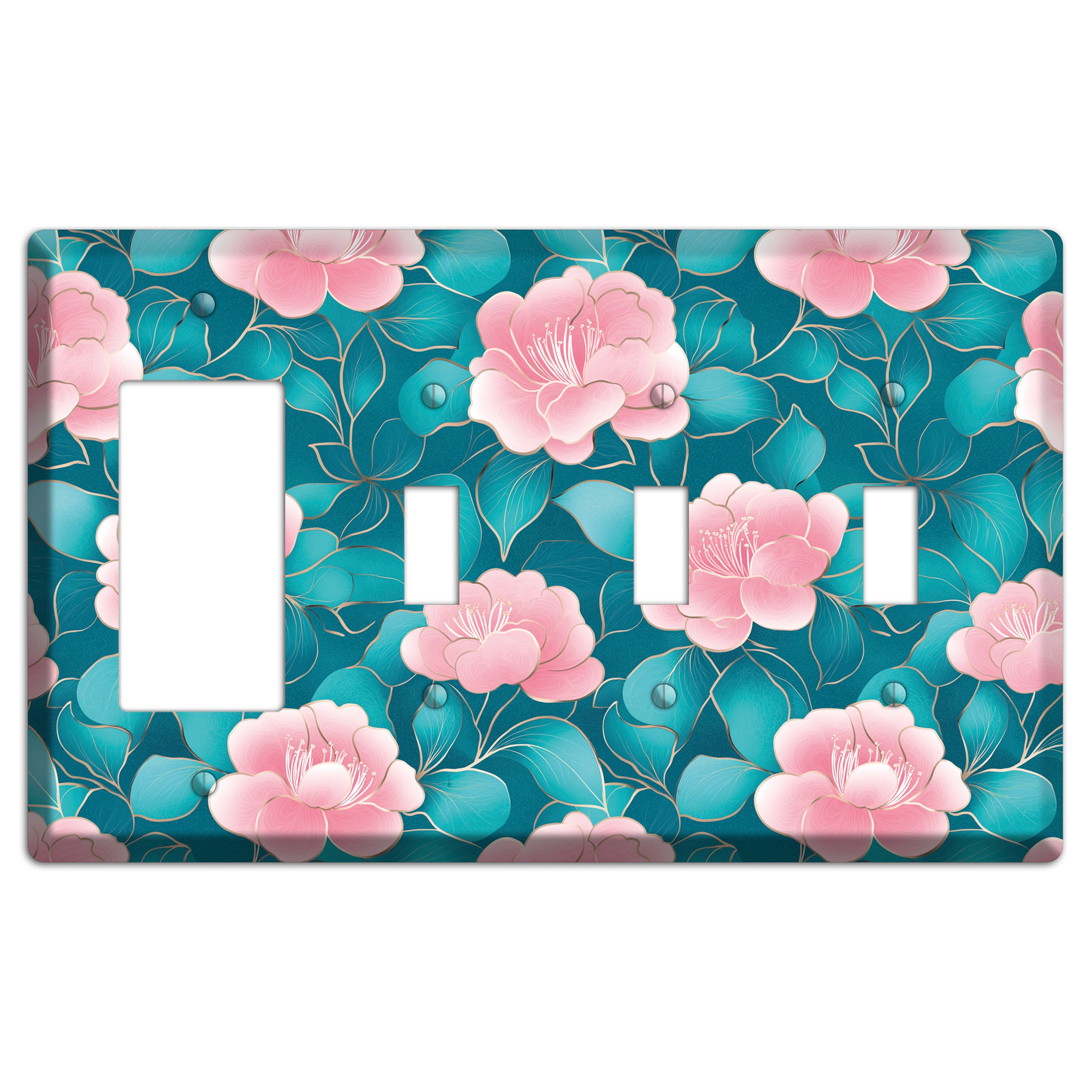 Teal Camellia Bloom Rocker / 3 Toggle Wallplate