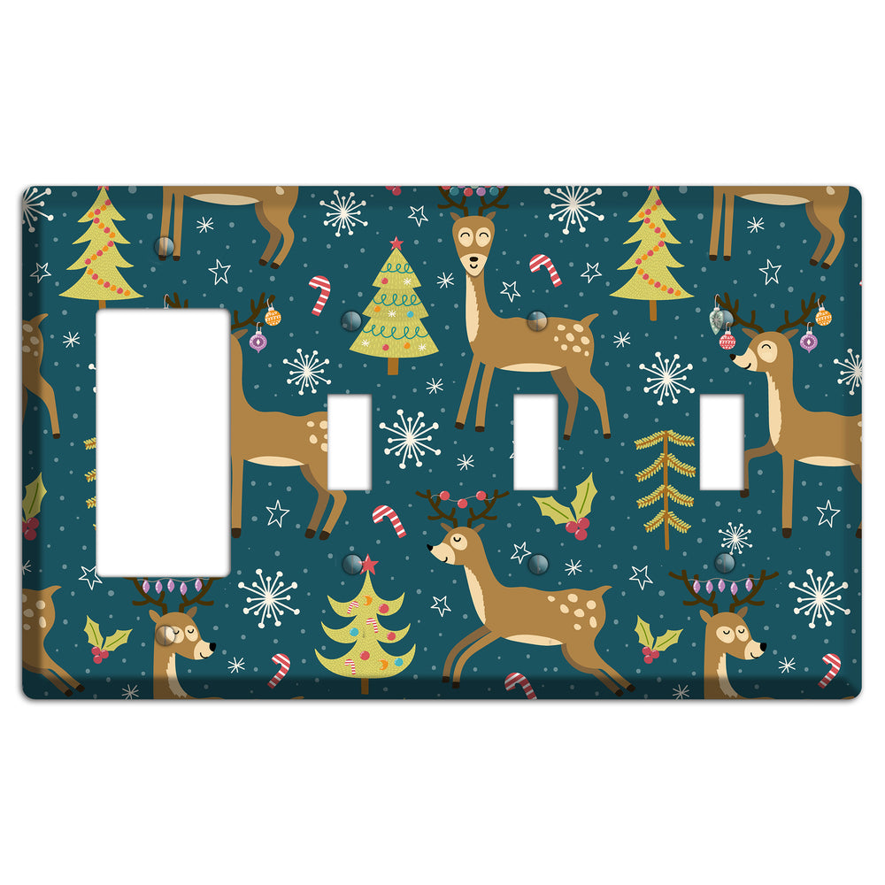 Reindeer Parade (Teal) Rocker / 3 Toggle Wallplate