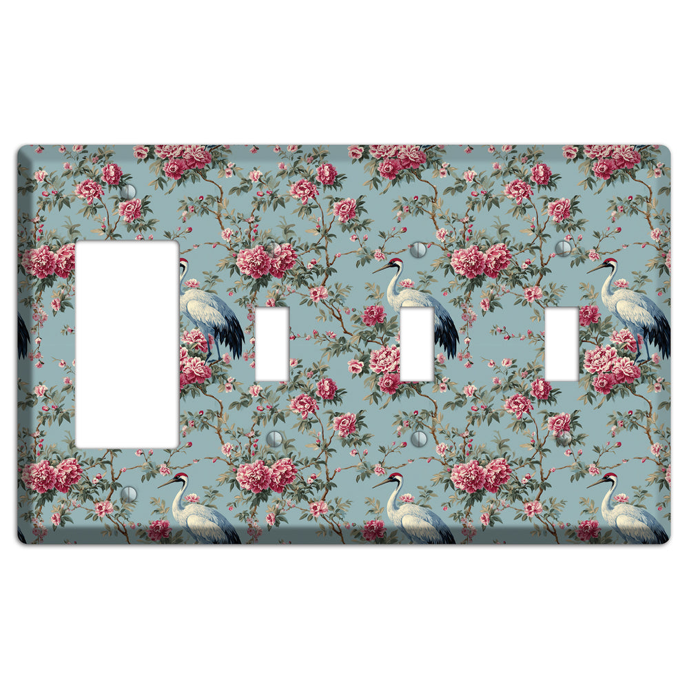Dusty Teal Peony Crane Rocker / 3 Toggle Wallplate