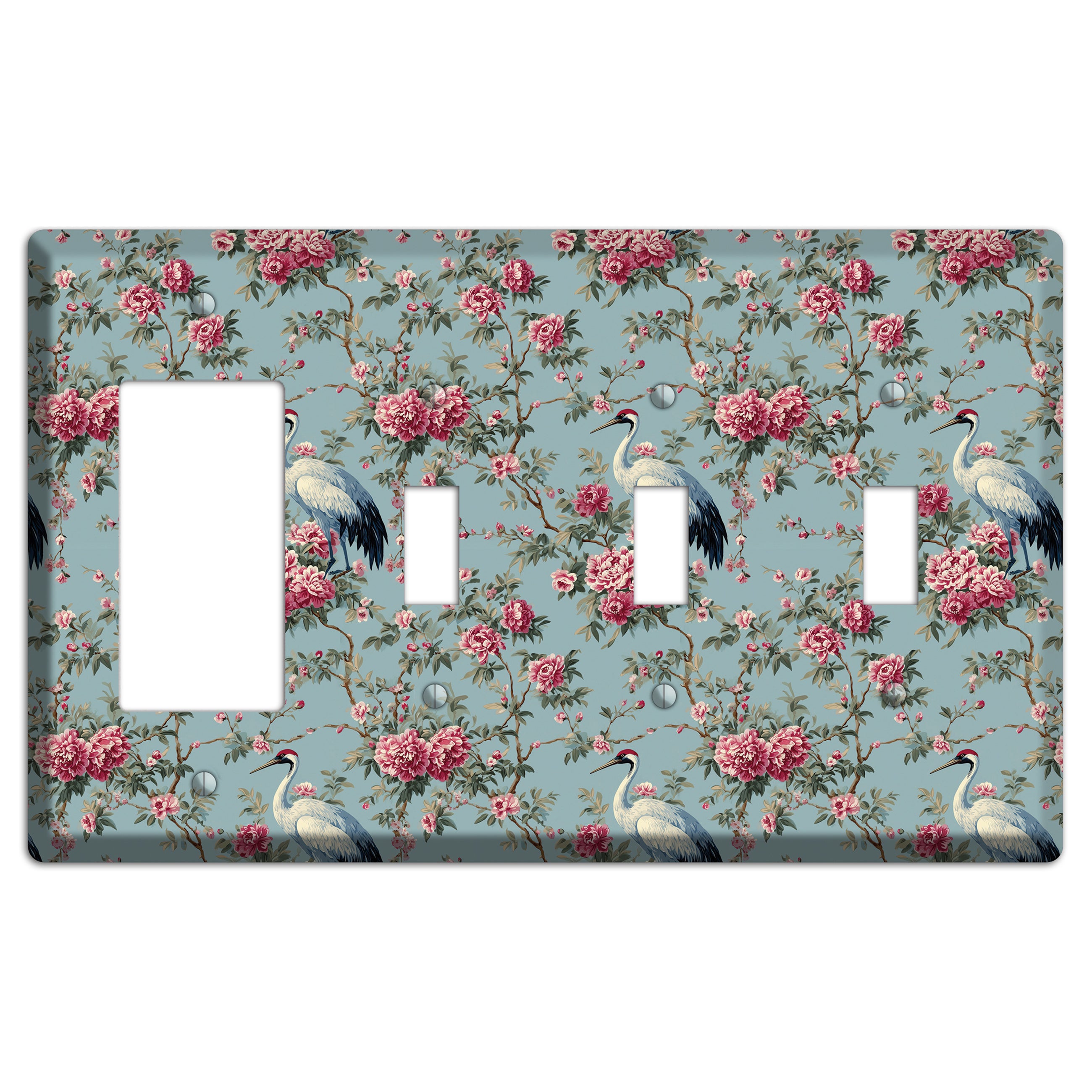 Dusty Teal Peony Crane Rocker / 3 Toggle Wallplate