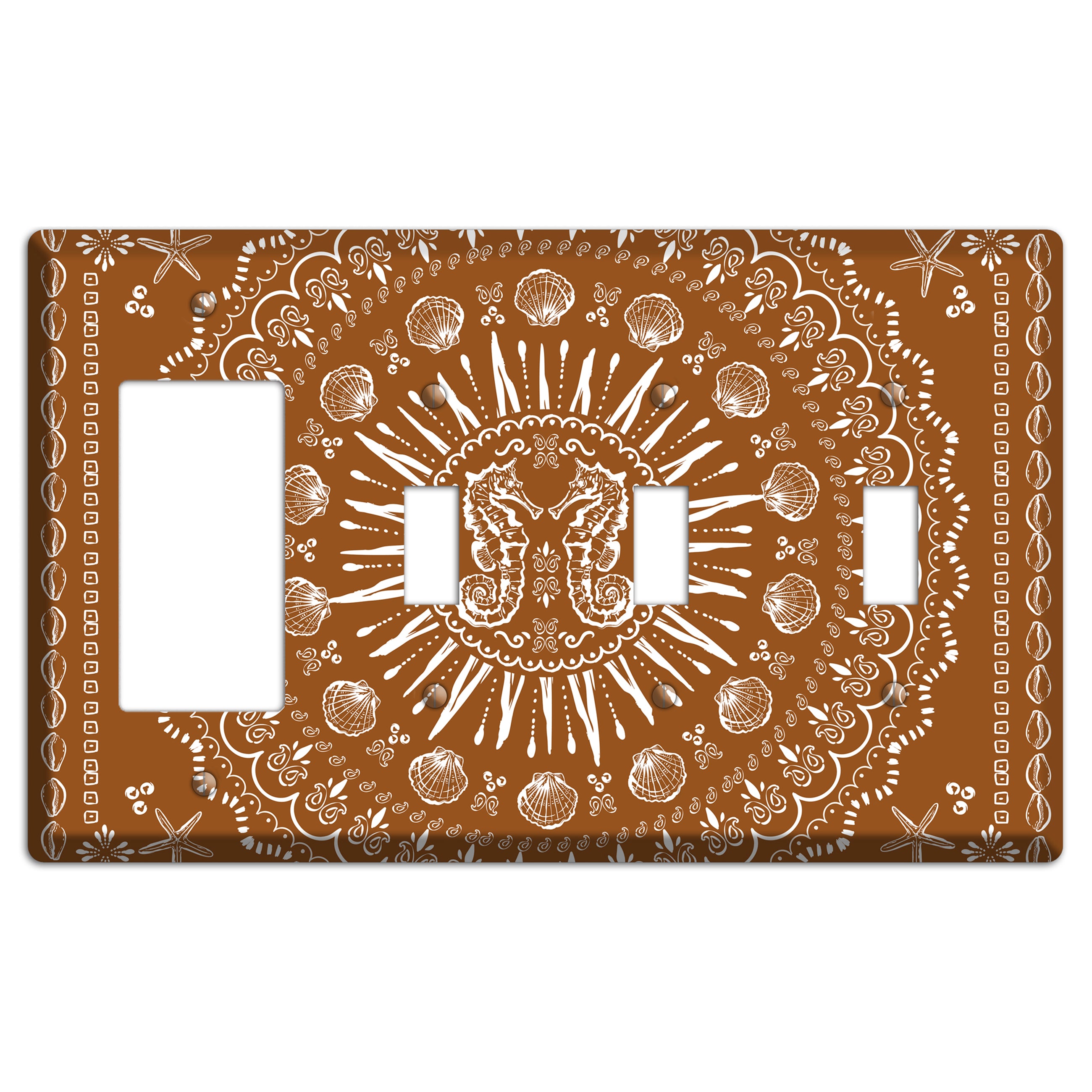 Russet Seahorse Mandala Rocker / 3 Toggle Wallplate