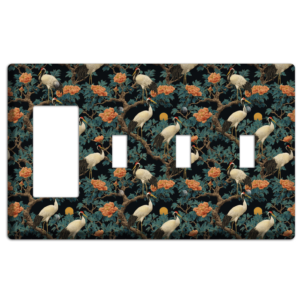 Teal Moonrise Cranes Rocker / 3 Toggle Wallplate