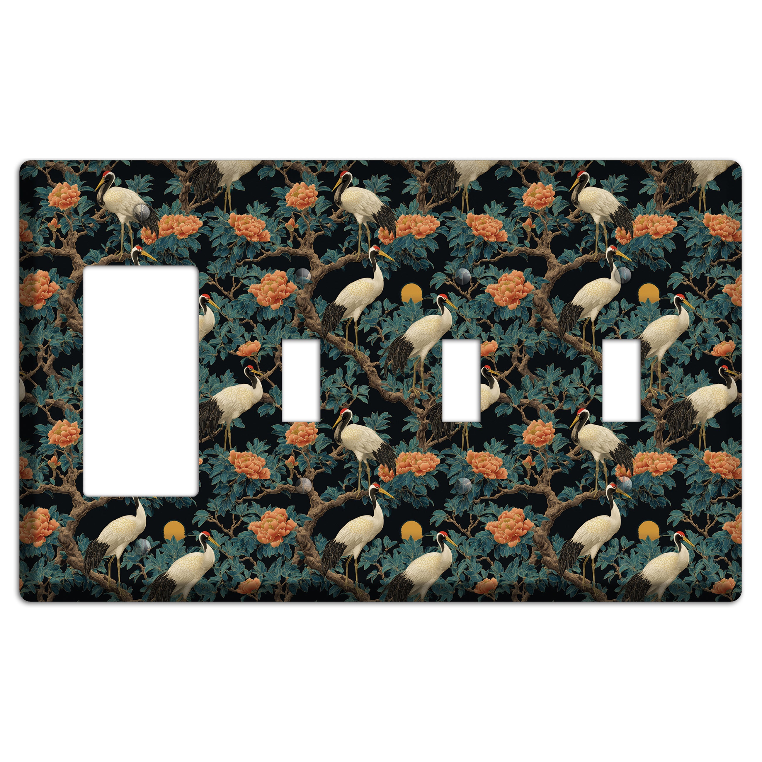 Teal Moonrise Cranes Rocker / 3 Toggle Wallplate