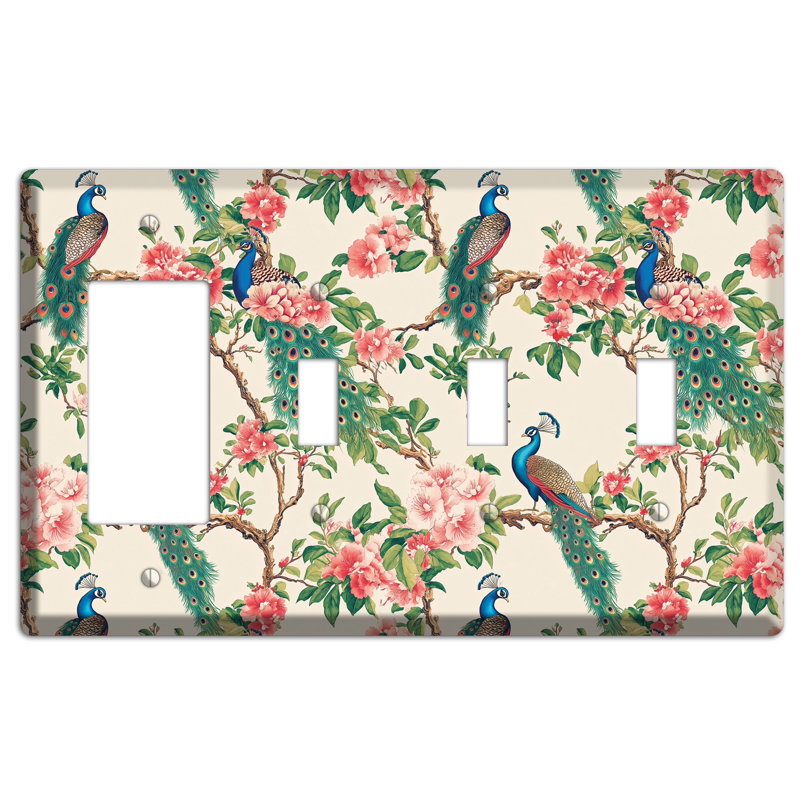 Peacock & Peony Court Rocker / 3 Toggle Wallplate