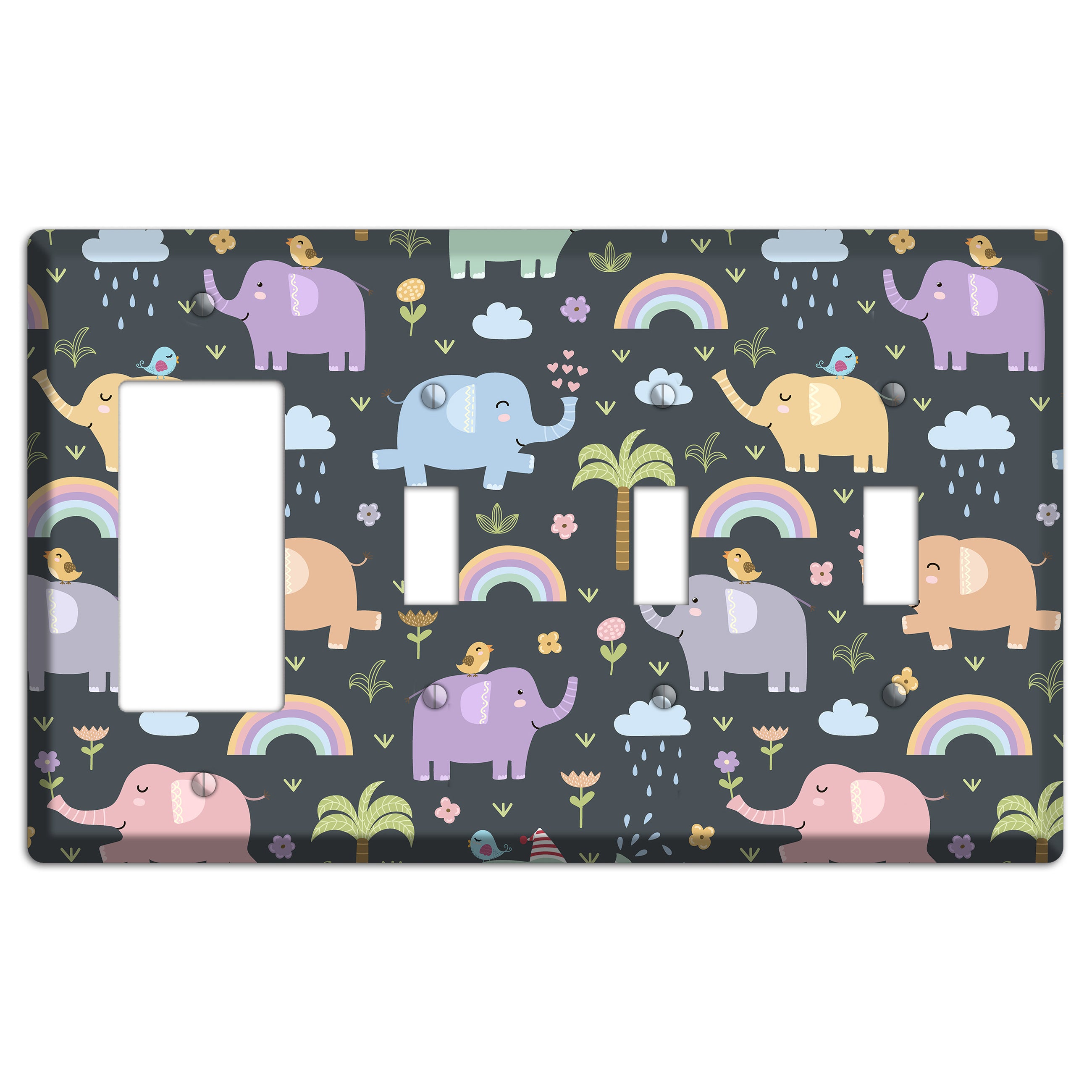 Elephant Parade (Charcoal) Rocker / 3 Toggle Wallplate