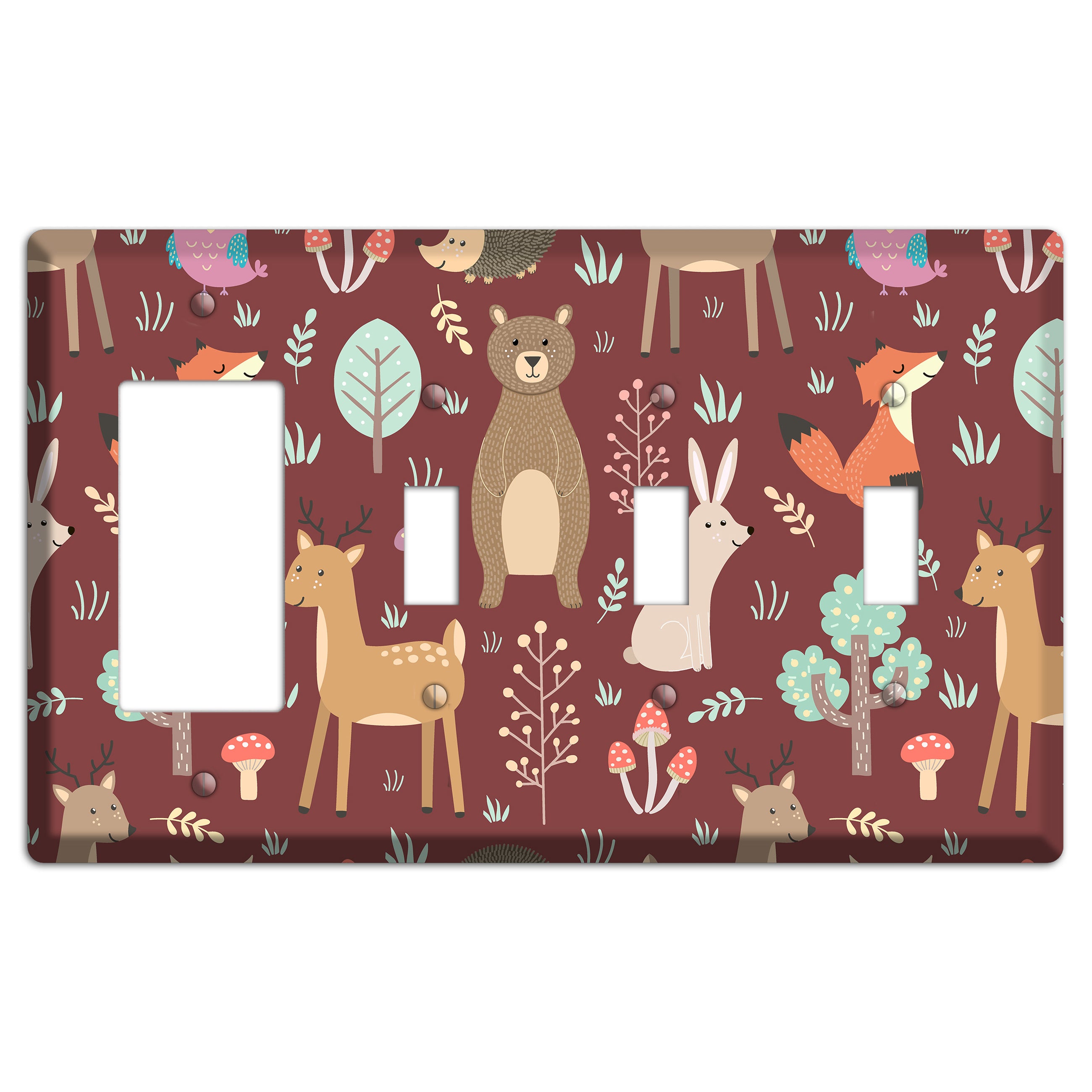 Woodland Friends (Maroon) Rocker / 3 Toggle Wallplate