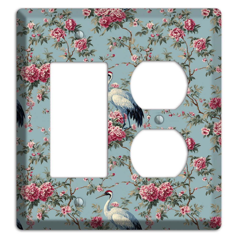 Dusty Teal Peony Crane Rocker / Duplex Wallplate