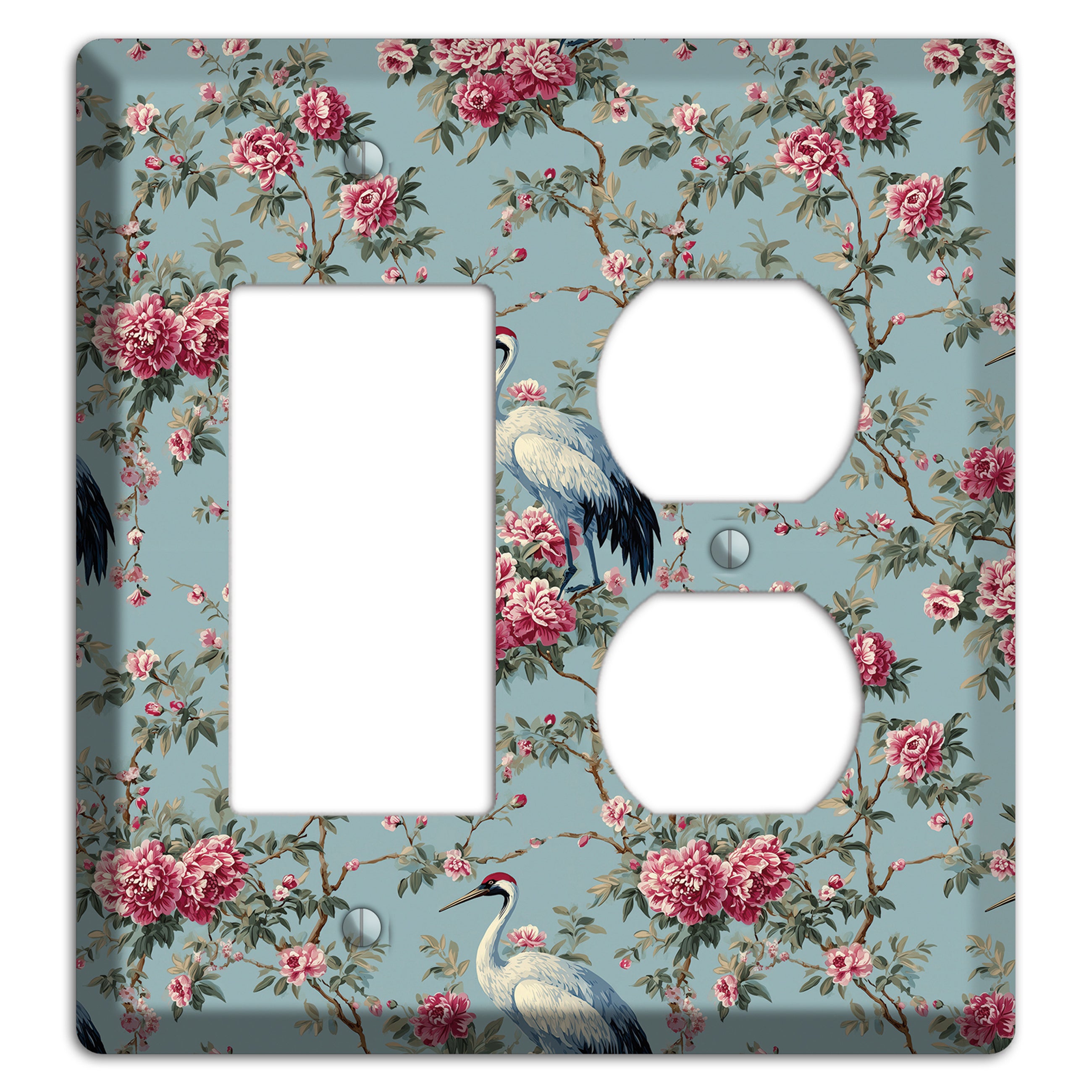 Dusty Teal Peony Crane Rocker / Duplex Wallplate