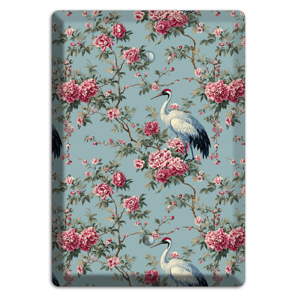 Dusty Teal Peony Crane Blank Wallplate