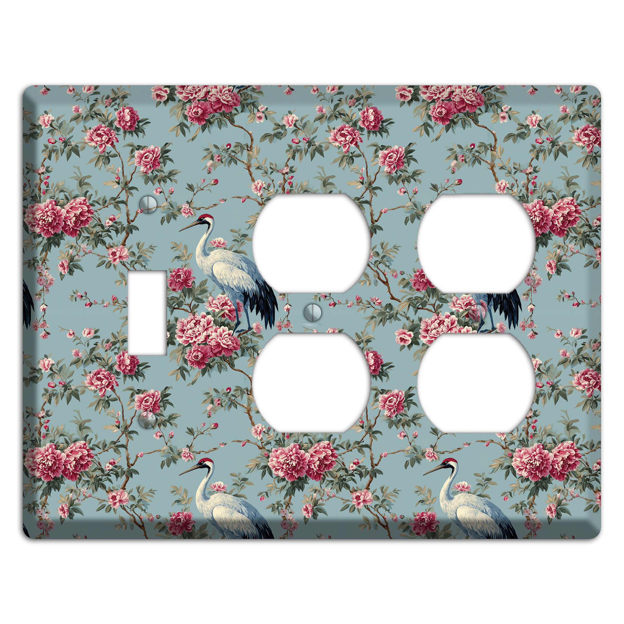 Dusty Teal Peony Crane Toggle / 2 Duplex Wallplate
