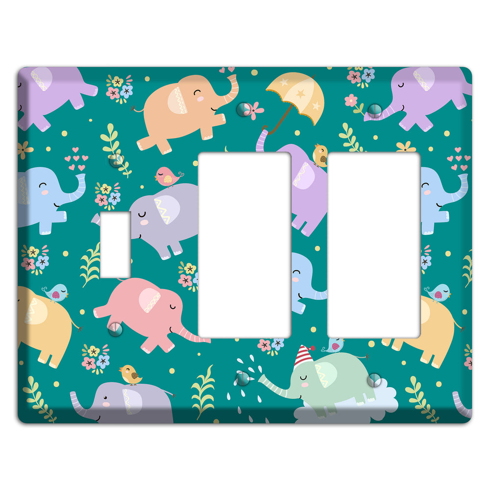Elephant Parade (Teal) Toggle / 2 Rocker Wallplate