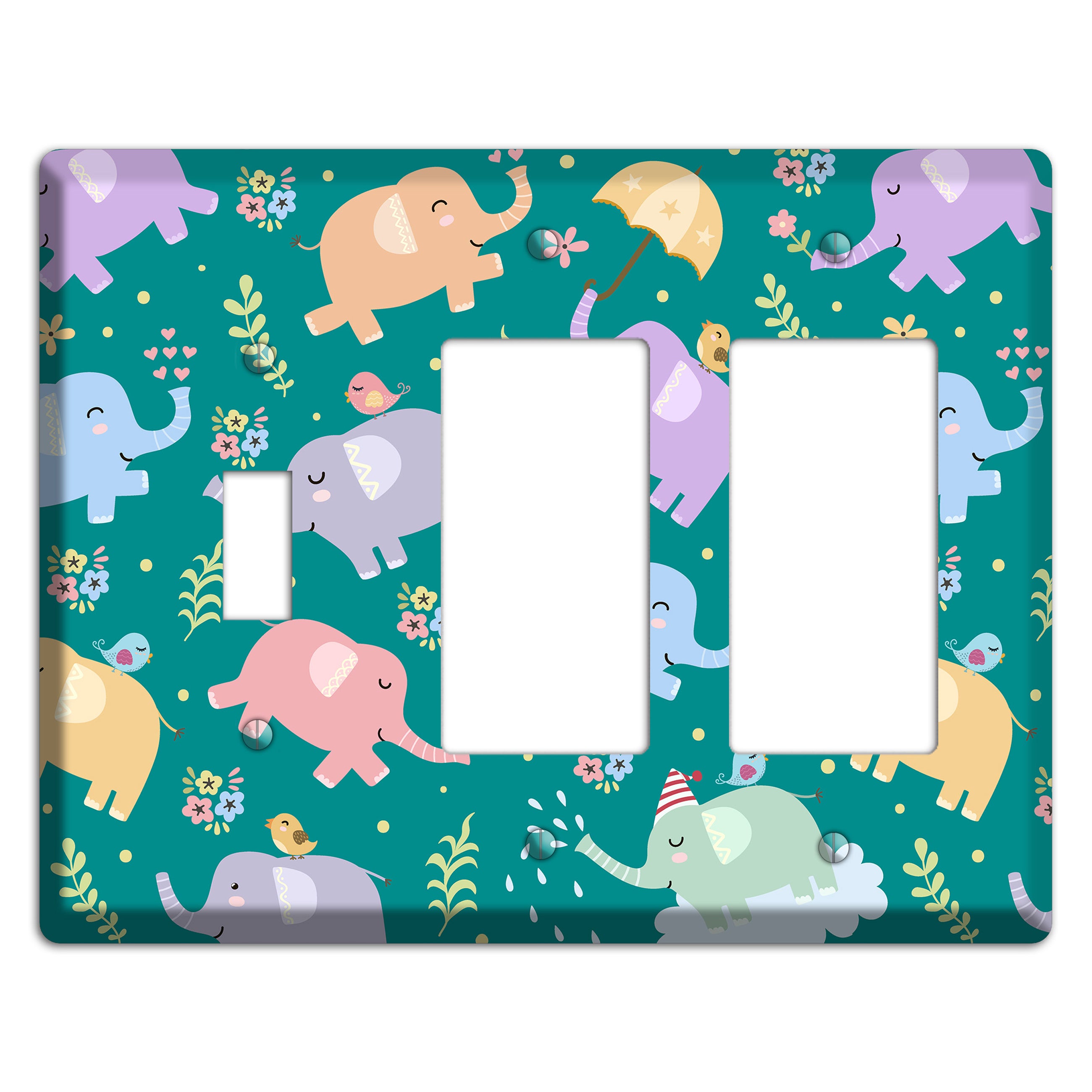 Elephant Parade (Teal) Toggle / 2 Rocker Wallplate