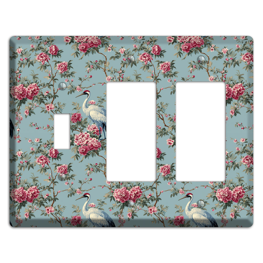 Dusty Teal Peony Crane Toggle / 2 Rocker Wallplate