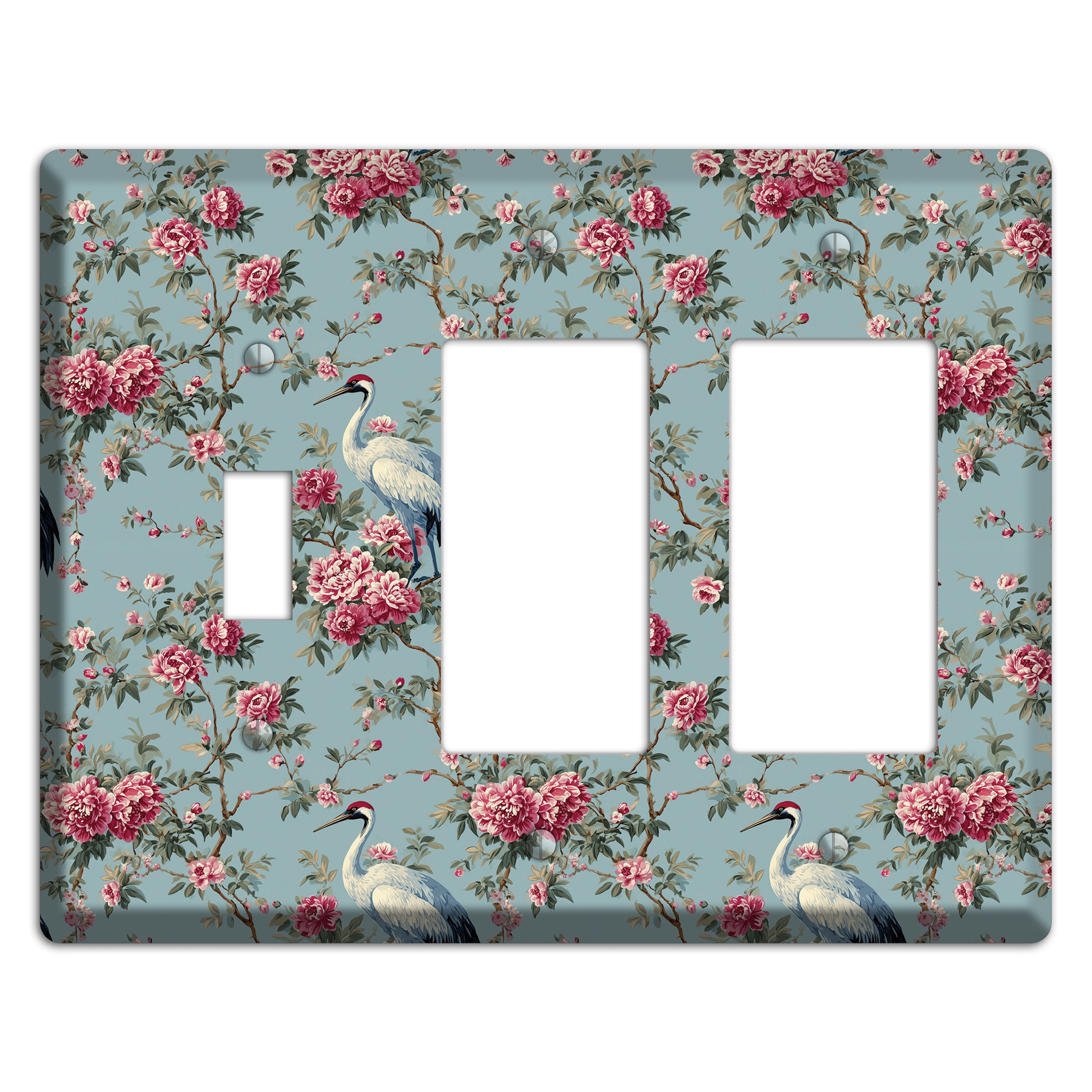 Dusty Teal Peony Crane Toggle / 2 Rocker Wallplate