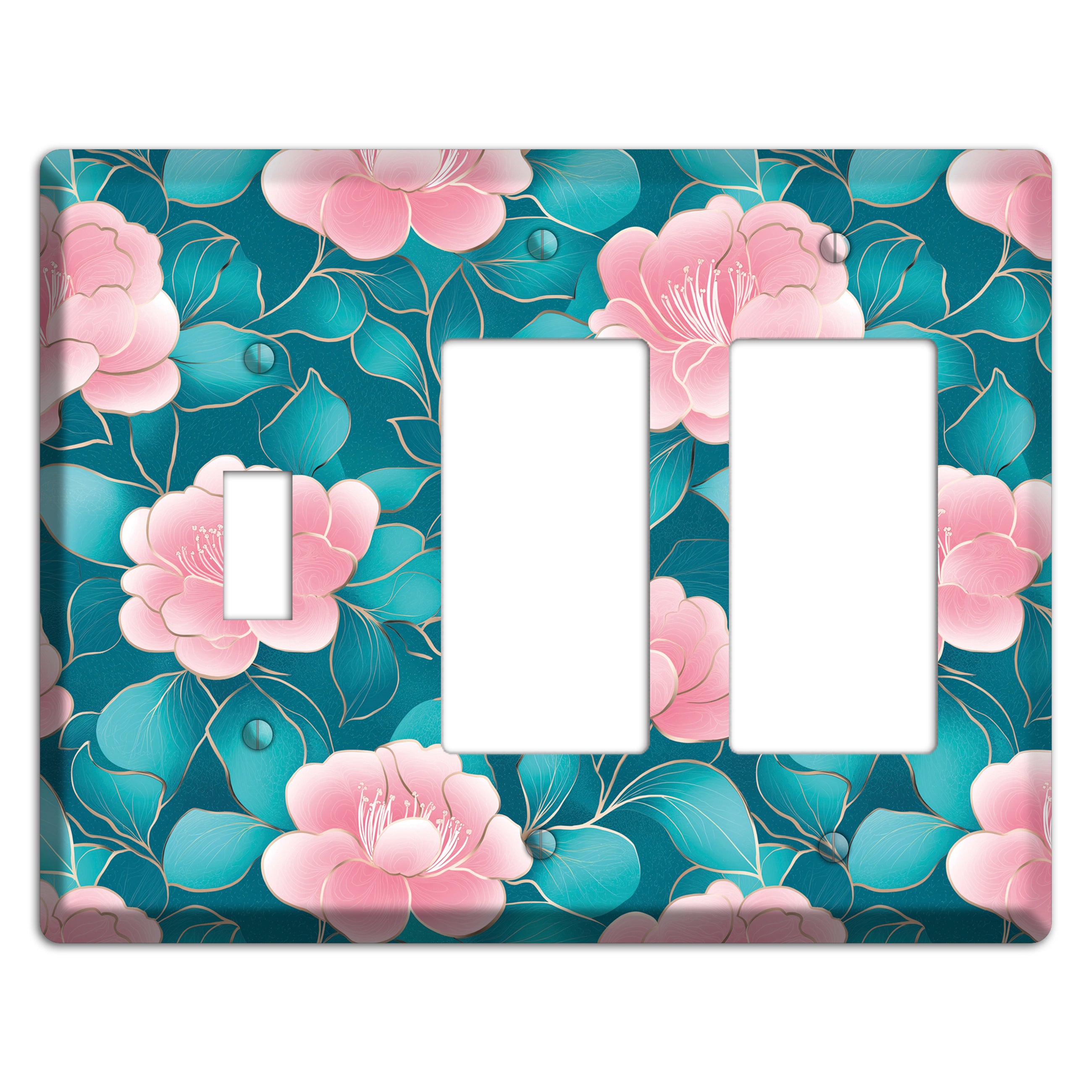 Teal Camellia Bloom Toggle / 2 Rocker Wallplate