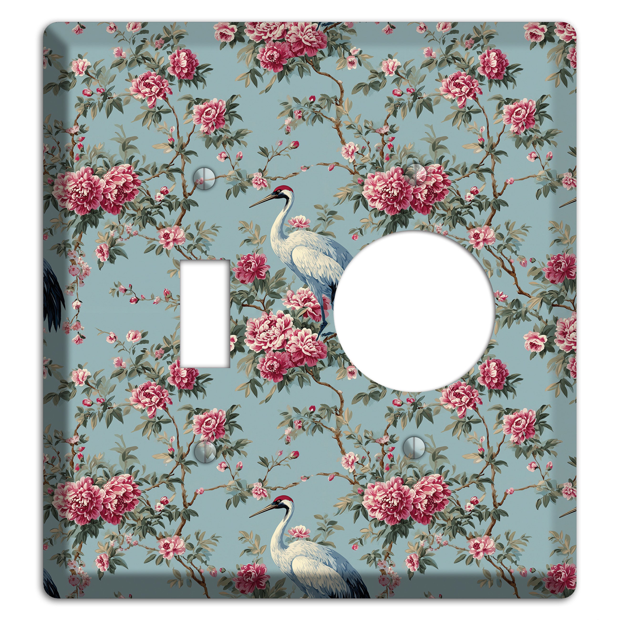Dusty Teal Peony Crane Toggle / Receptacle Wallplate