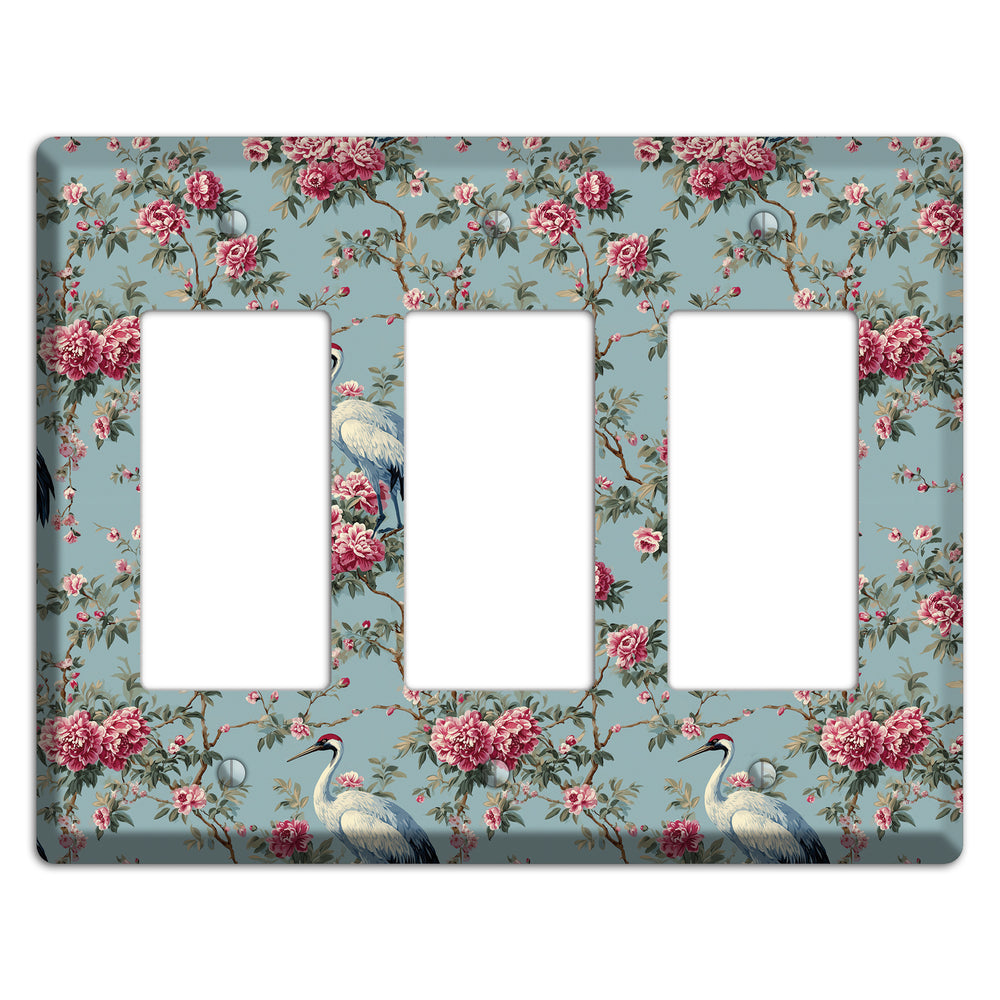 Dusty Teal Peony Crane 3 Rocker Wallplate