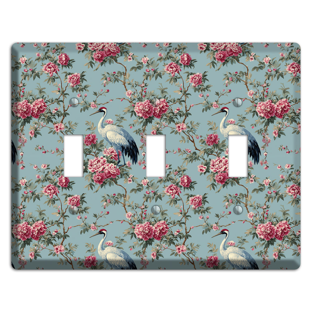 Dusty Teal Peony Crane 3 Toggle Wallplate