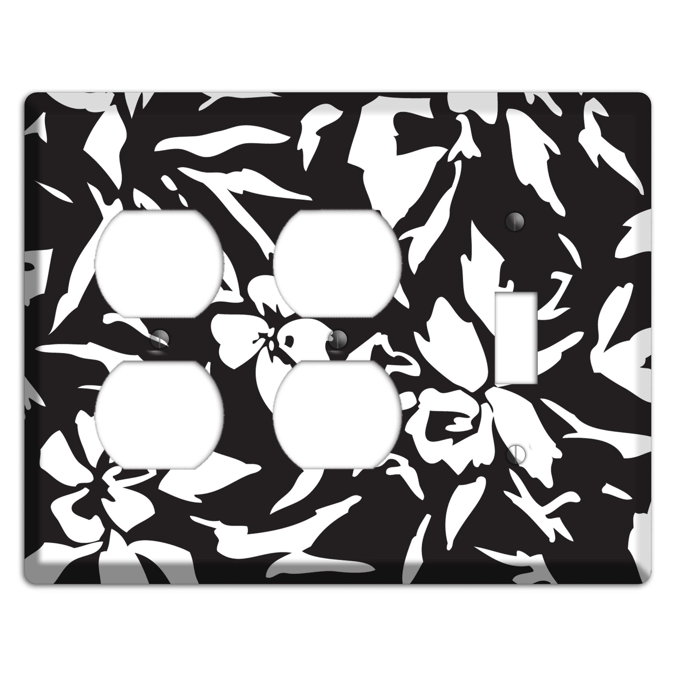 Black with White Woodcut Floral 2 Duplex / Toggle Wallplate