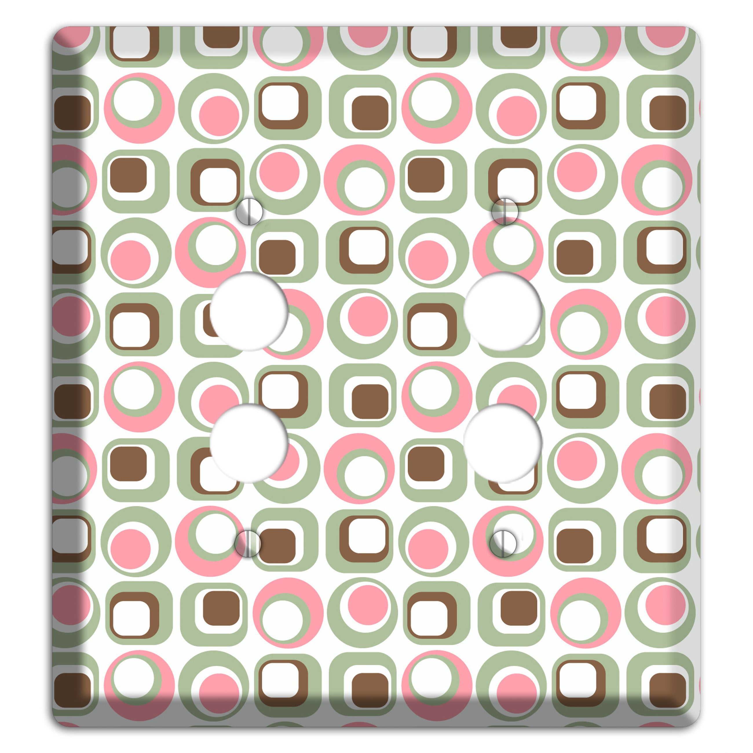 White with Pink Sage Brown Retro Squares and Circles 2 Pushbutton Wallplate