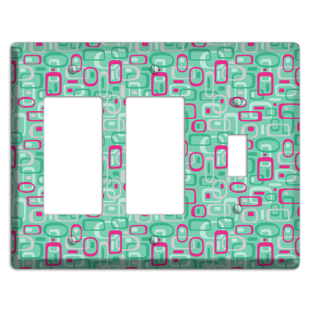 Aqua with Fuschia and Multi Green Retro Squares 2 Rocker / Toggle Wallplate