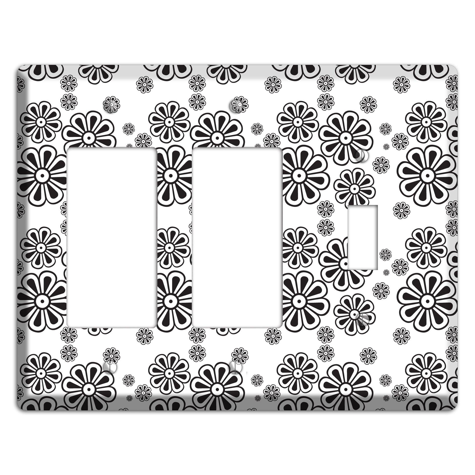 White With Black Small Retro Floral Contour 2 Rocker / Toggle Wallplate
