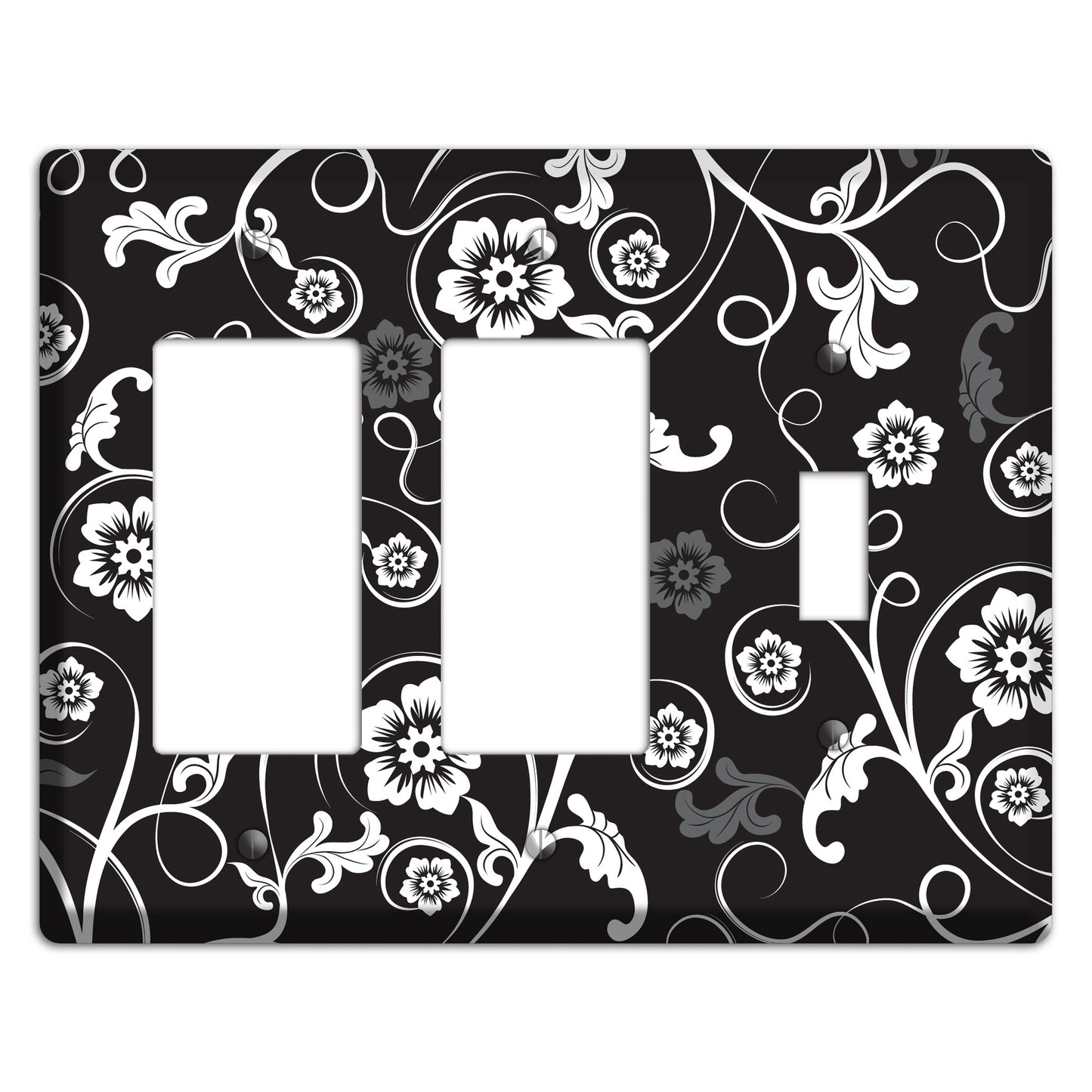 Black with White Flower Sprig 2 Rocker / Toggle Wallplate